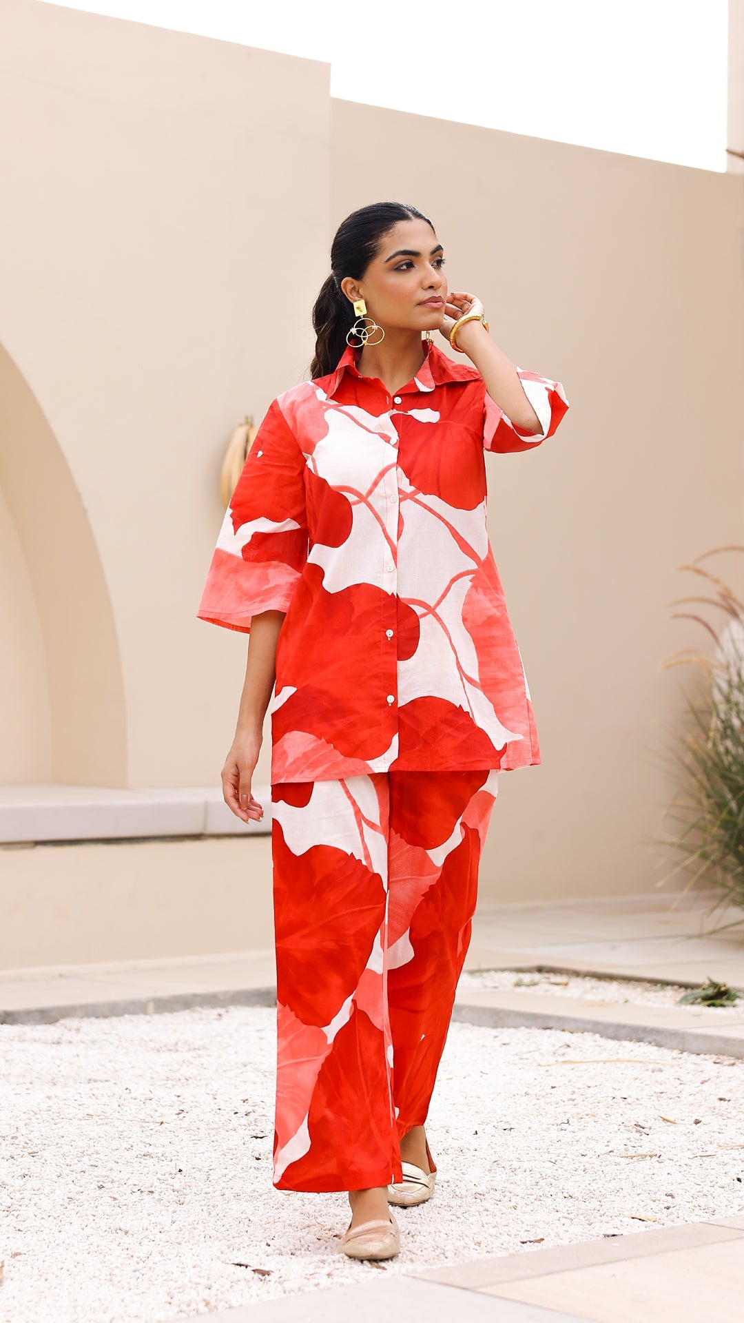 Bold Red Petal Co-Ord Set – Cotton Statement Wear