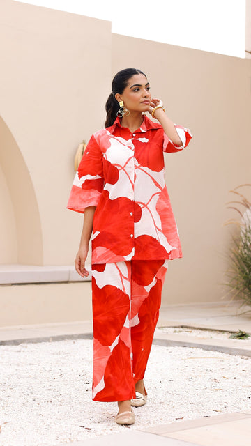 Bold Red Petal Co-Ord Set – Cotton Statement Wear