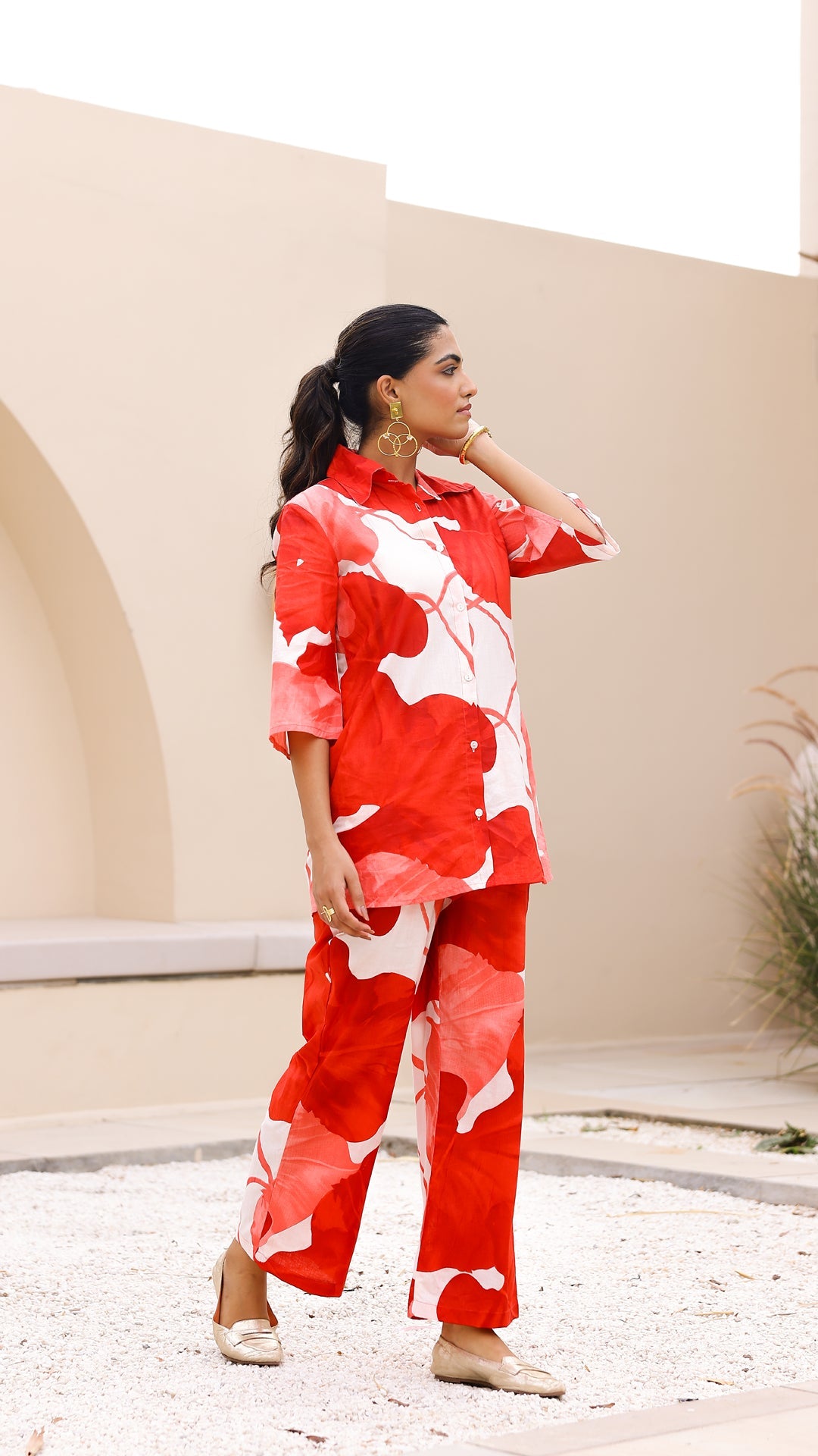 Bold Red Petal Co-Ord Set – Cotton Statement Wear