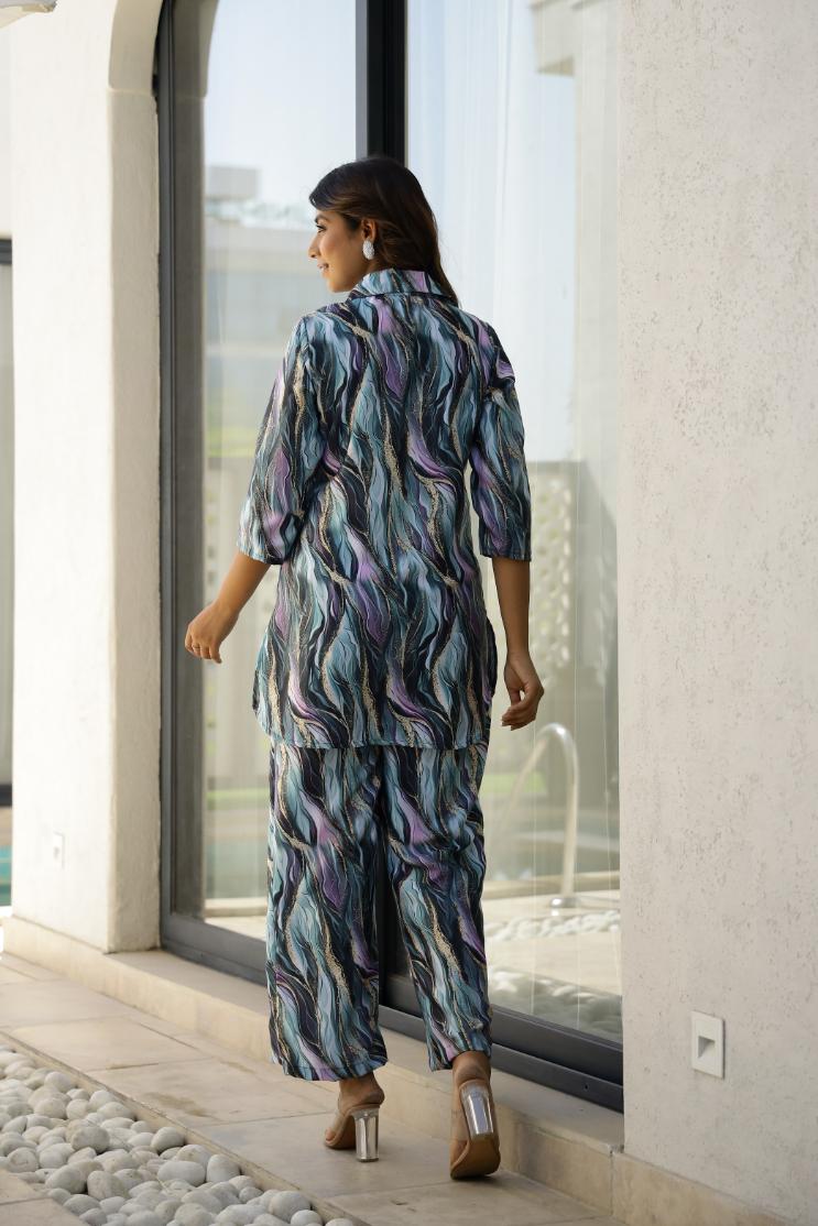 Ocean Waves Print Satin Pajama Set - Calm & Chic Nightwear | Co-Ord Set | Shop stylish women's clothing online at Label Flavia |