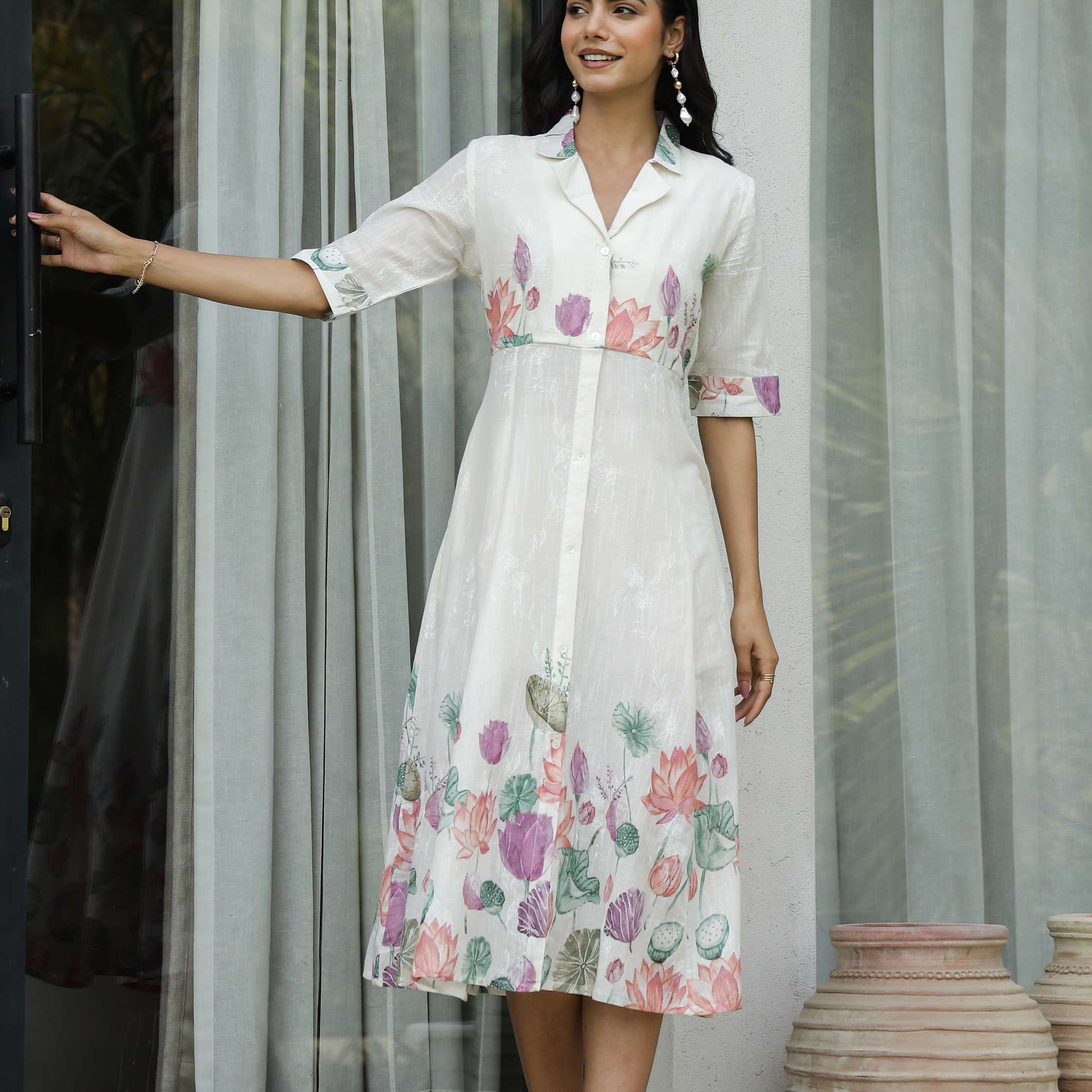 Elegant Lotus Floral Print Shirt Dress for Women – White Midi