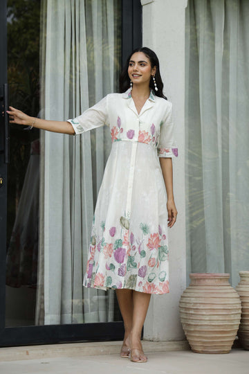 Elegant Lotus Floral Print Shirt Dress for Women – White Midi