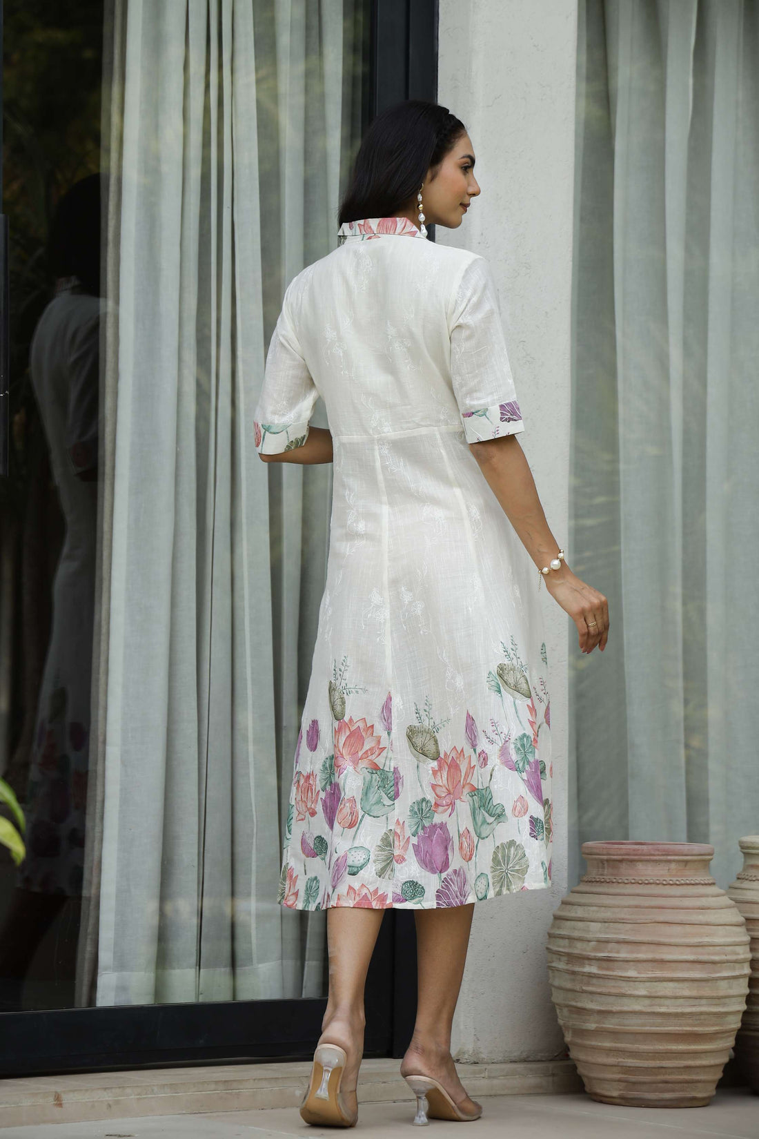 Elegant Lotus Floral Print Shirt Dress for Women – White Midi