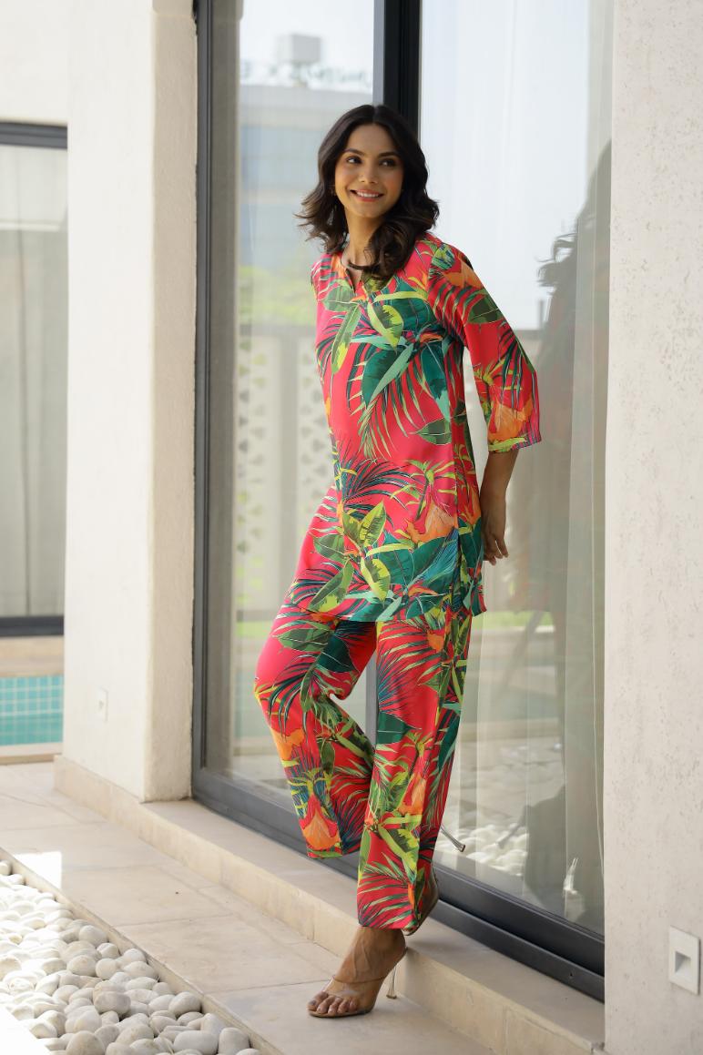 Jungle Leaf Print Satin Pajama Set with Matching Headband - Lively & Trendy | Co-Ord Set | Shop stylish women's clothing online at Label Flavia |