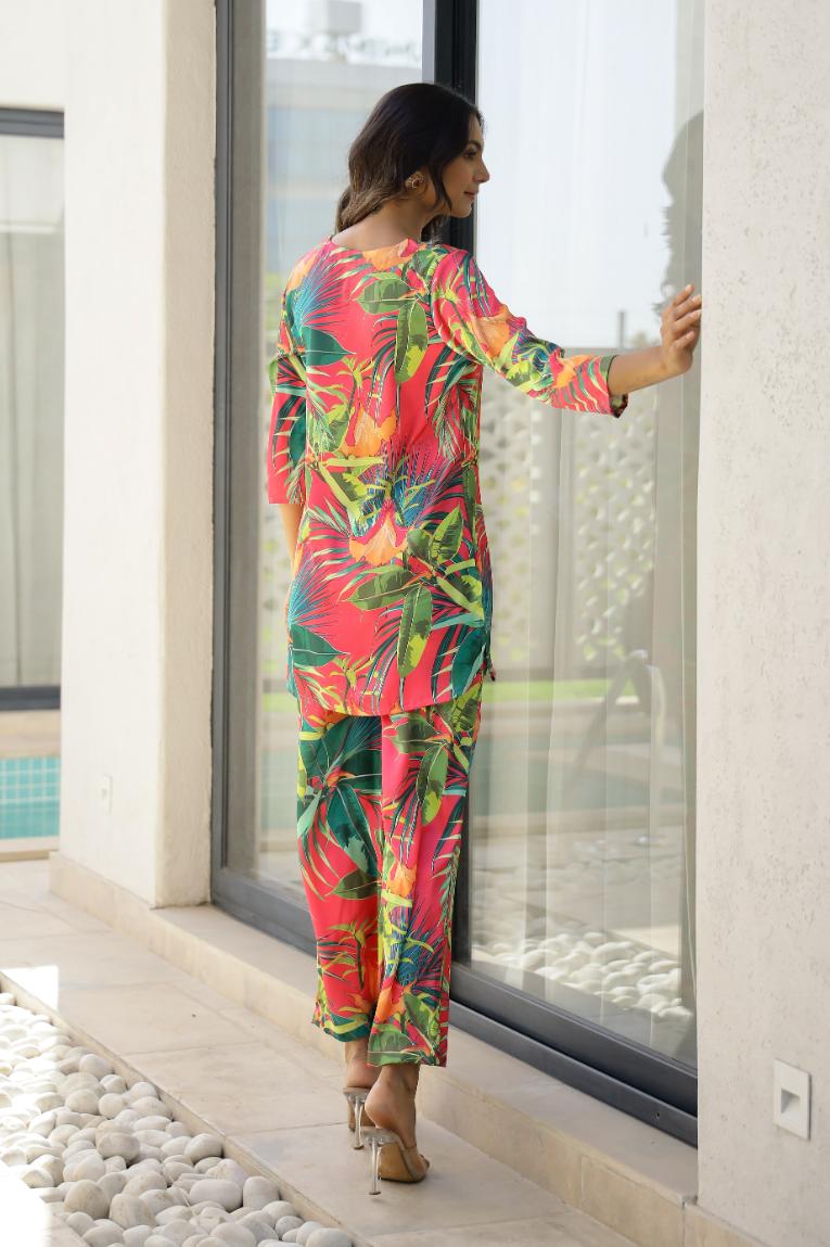 Jungle Leaf Print Satin Pajama Set with Matching Headband - Lively & Trendy | Co-Ord Set | Shop stylish women's clothing online at Label Flavia |