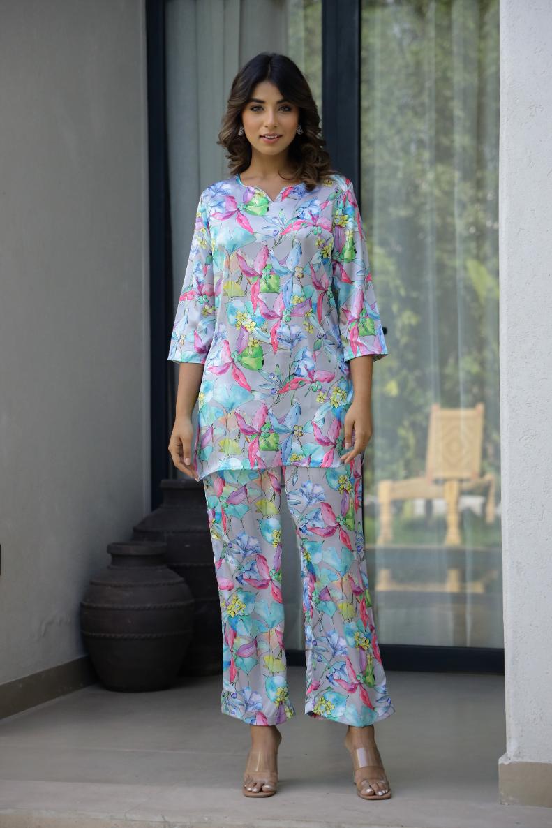 Delicate Pastel Watercolor Floral Satin Pajama Set - Elegant Nightwear | Co-Ord Set | Shop stylish women's clothing online at Label Flavia |