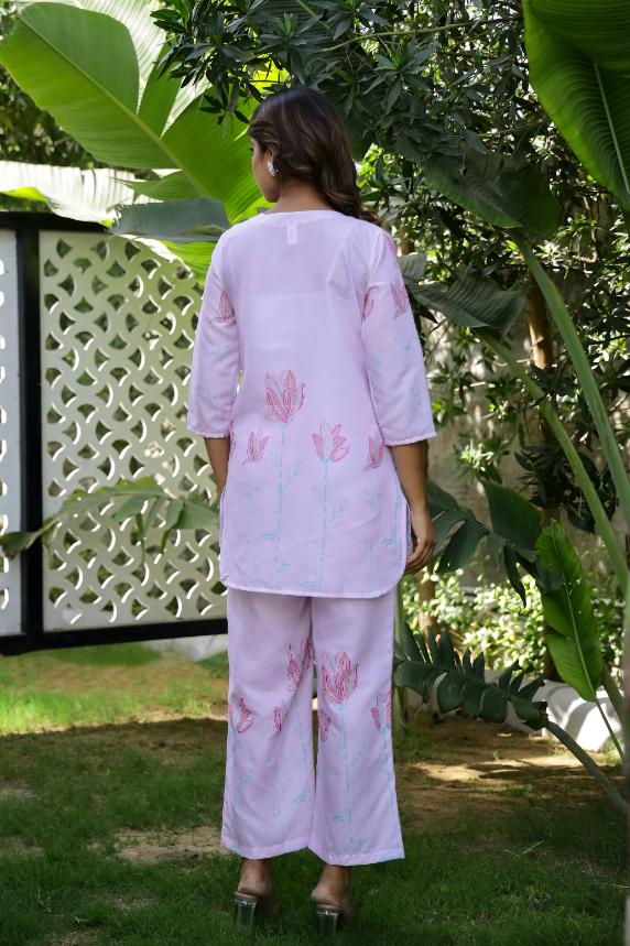 Pastel Pink Floral Cotton Co-ord Set - Top & Trousers | Co-Ord Set | Shop stylish women's clothing online at Label Flavia |