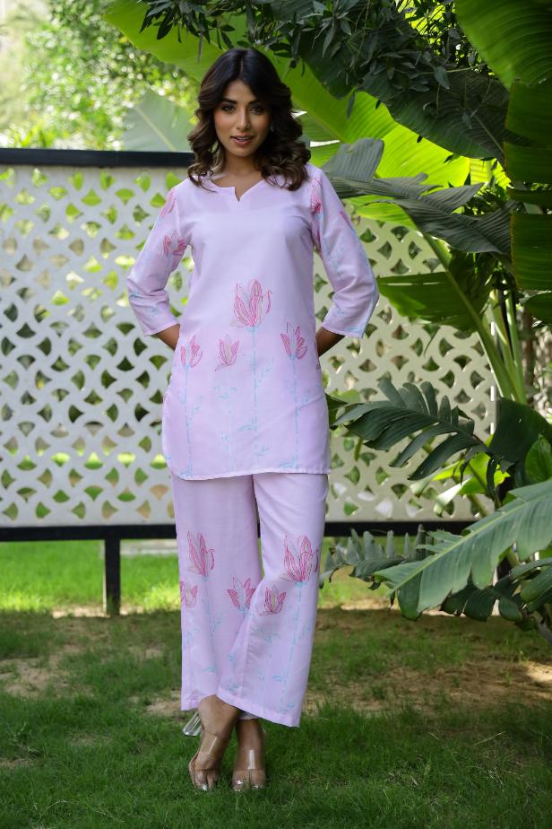 Pastel Pink Floral Cotton Co-ord Set - Top & Trousers | Co-Ord Set | Shop stylish women's clothing online at Label Flavia |