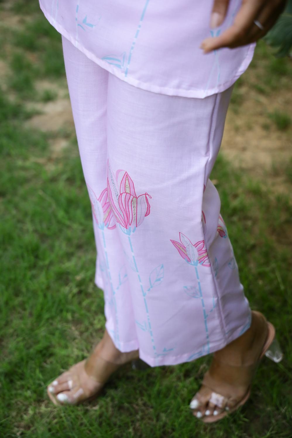 Pastel Pink Floral Cotton Co-ord Set - Top & Trousers | Co-Ord Set | Shop stylish women's clothing online at Label Flavia |