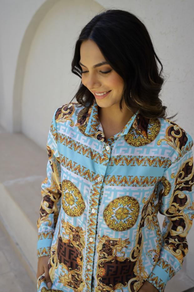 Luxurious Ornate Print Satin Pajama Set - Sophisticated Nightwear for Women | Co-Ord Set | Shop stylish women's clothing online at Label Flavia |