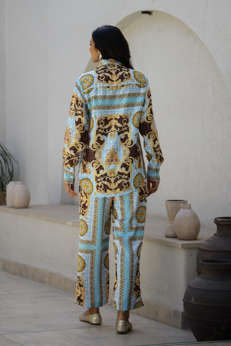 Luxurious Ornate Print Satin Pajama Set - Sophisticated Nightwear for Women | Co-Ord Set | Shop stylish women's clothing online at Label Flavia |
