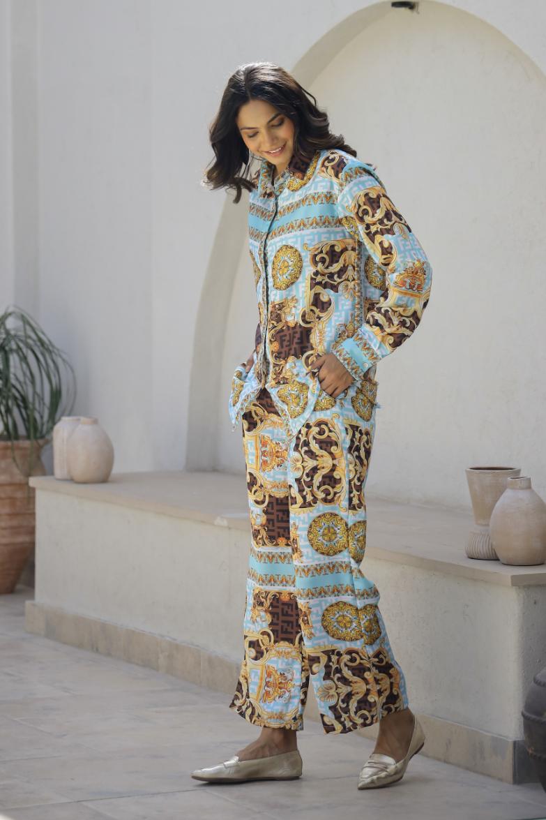 Luxurious Ornate Print Satin Pajama Set - Sophisticated Nightwear for Women | Co-Ord Set | Shop stylish women's clothing online at Label Flavia |