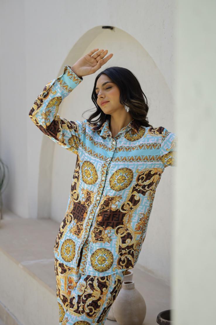 Luxurious Ornate Print Satin Pajama Set - Sophisticated Nightwear for Women | Co-Ord Set | Shop stylish women's clothing online at Label Flavia |