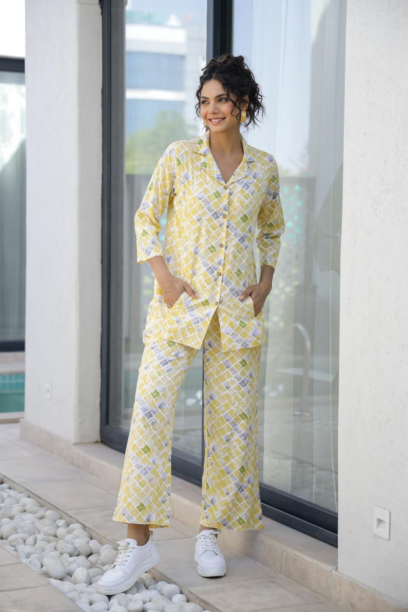 Yellow Geometric Co-ord Set - Casual Cotton Outfit | Co-Ord Set | Shop stylish women's clothing online at Label Flavia |