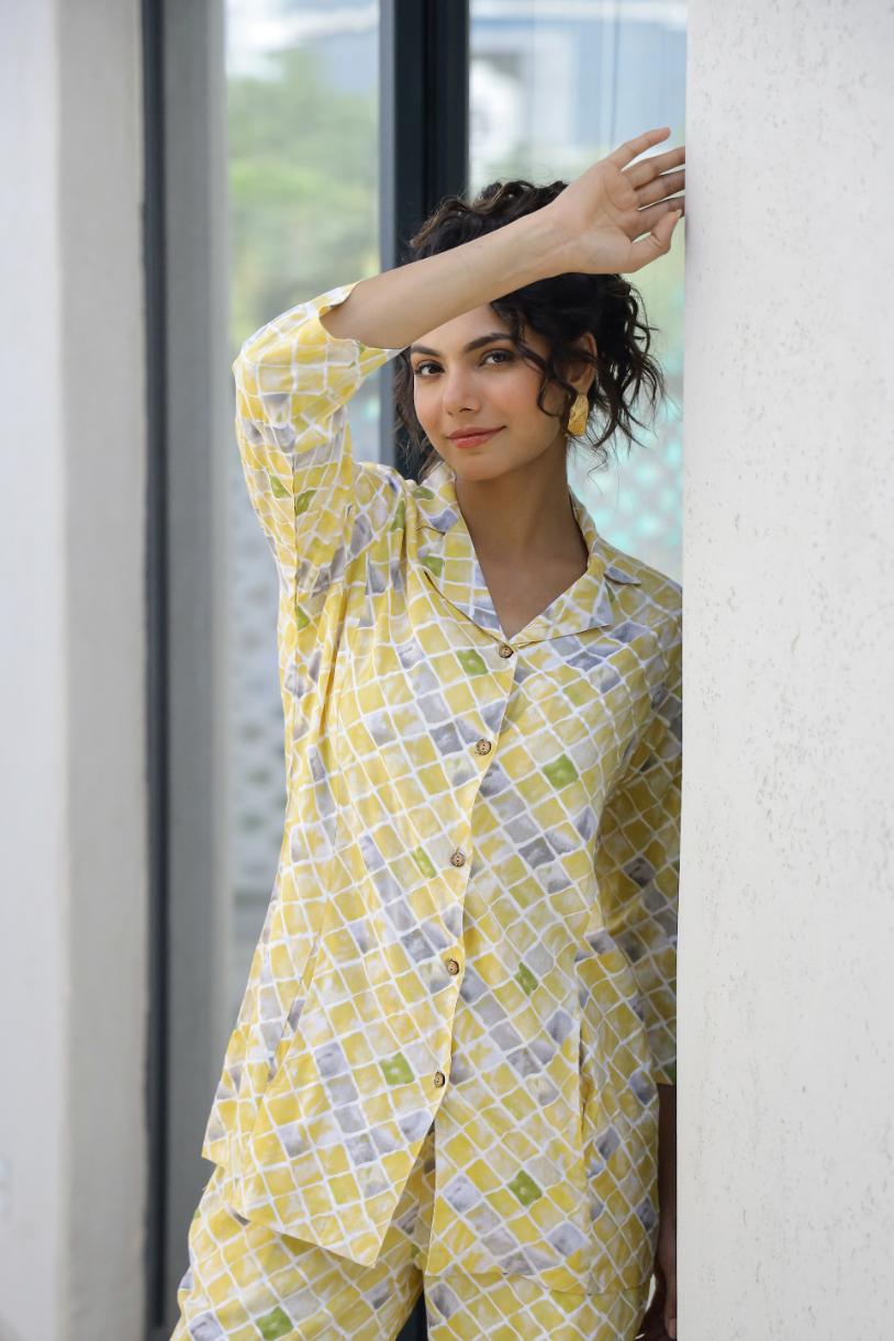 Yellow Geometric Co-ord Set - Casual Cotton Outfit | Co-Ord Set | Shop stylish women's clothing online at Label Flavia |