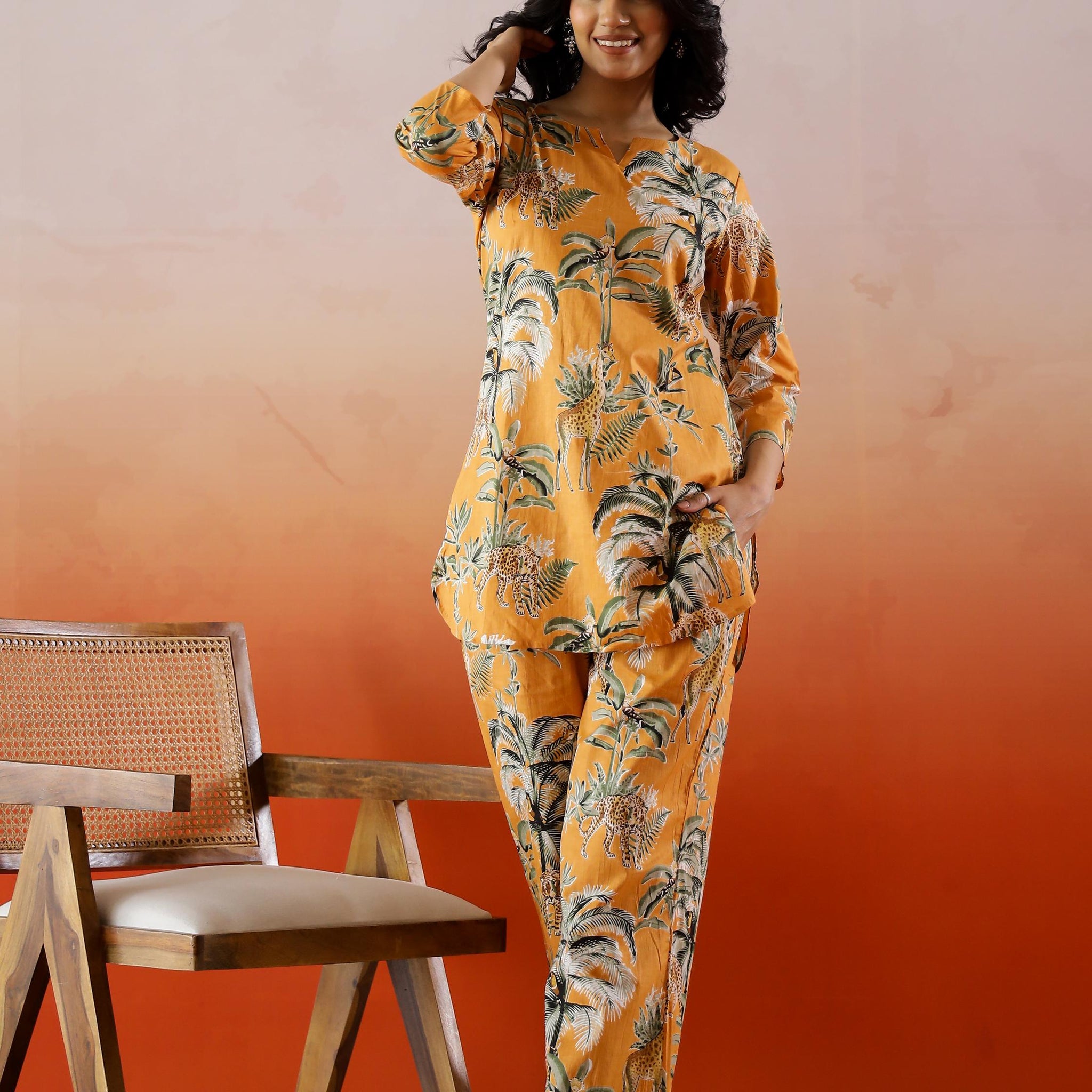 Orange Tropical Printed Cotton Co-ord Set - Stylish and Bold | Co-Ord Set | Shop stylish women's clothing online at Label Flavia |