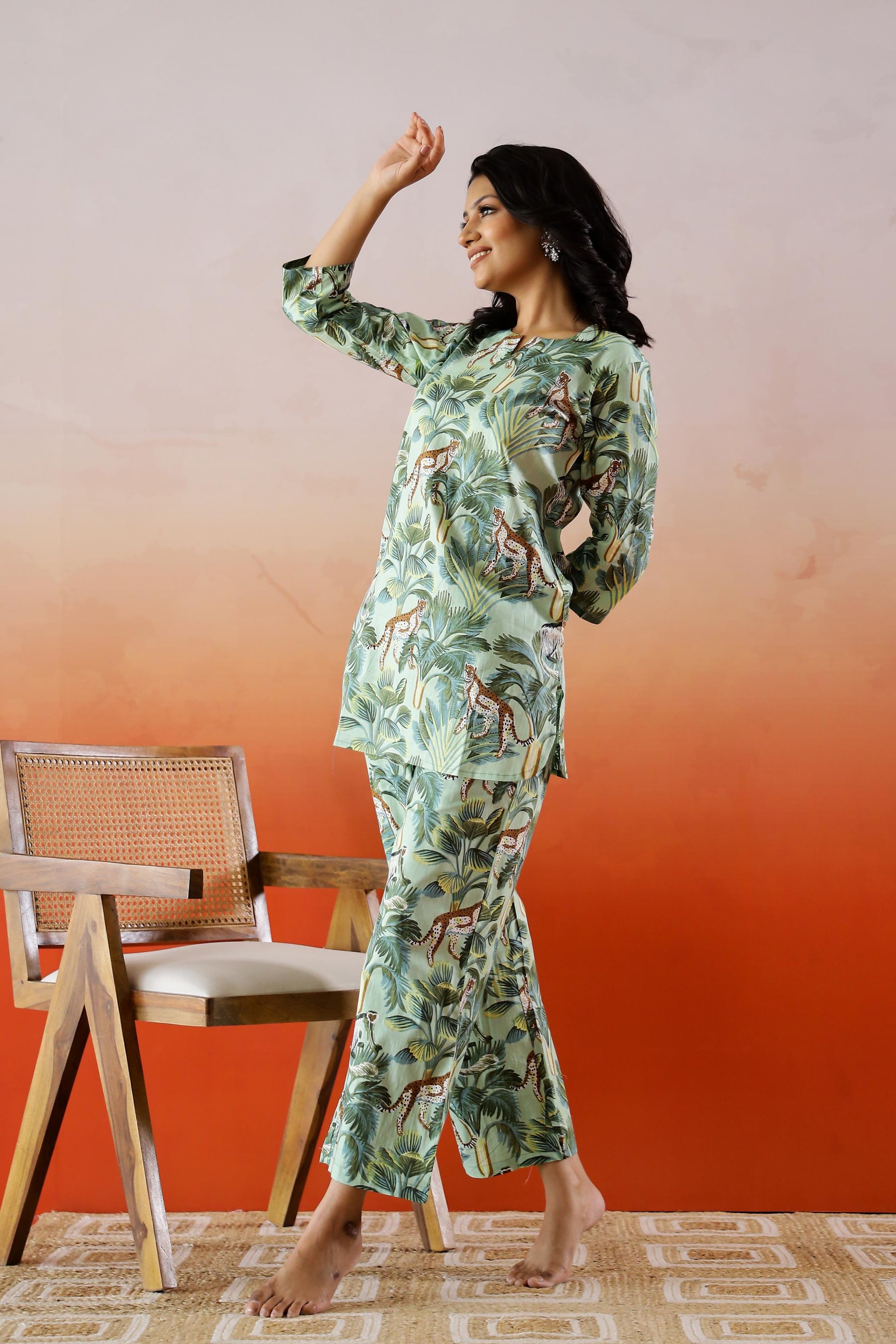 Green Safari Printed Cotton Co-ord Set - Unique Animal Print Outfit | Co-Ord Set | Shop stylish women's clothing online at Label Flavia |