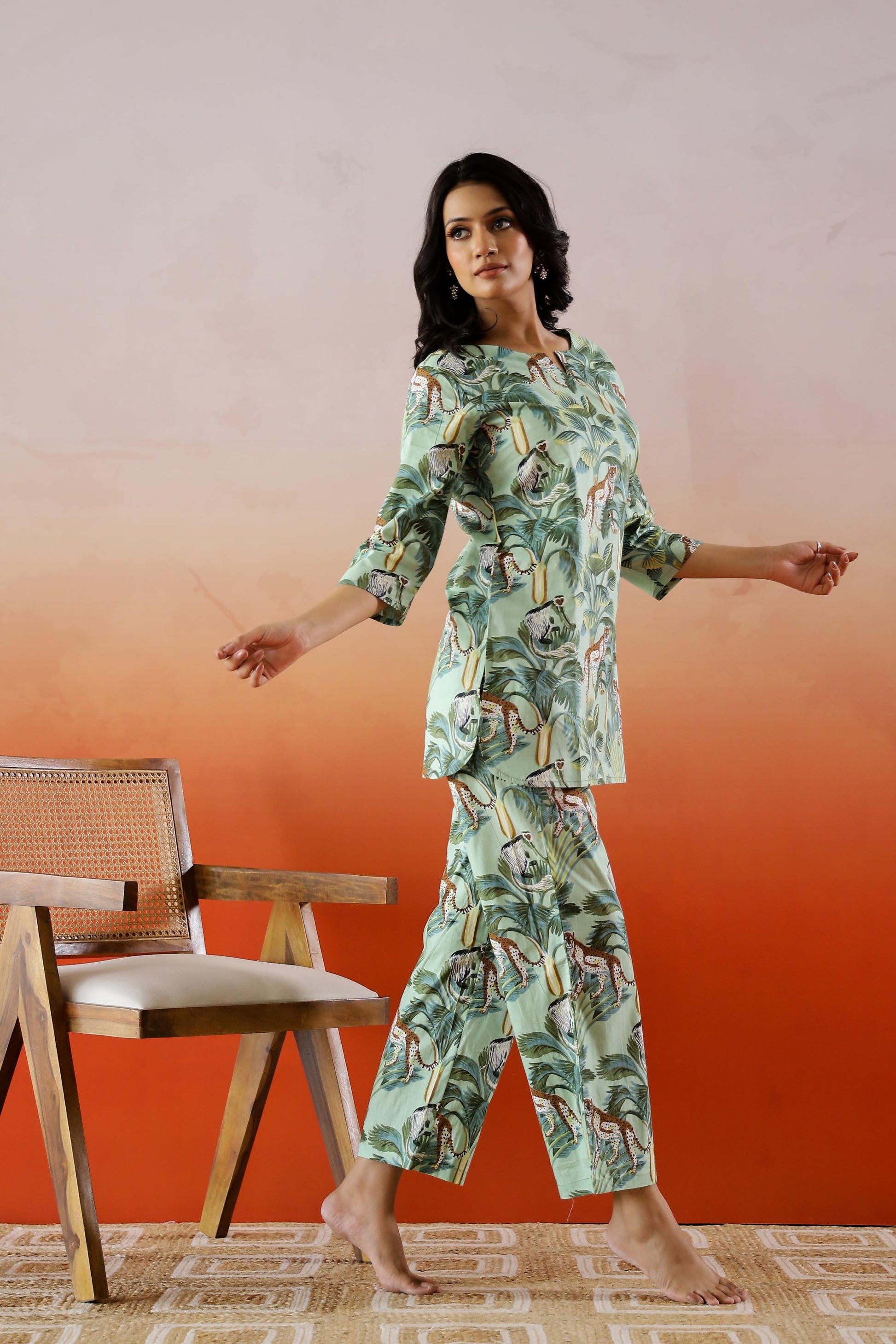 Green Safari Printed Cotton Co-ord Set - Unique Animal Print Outfit | Co-Ord Set | Shop stylish women's clothing online at Label Flavia |