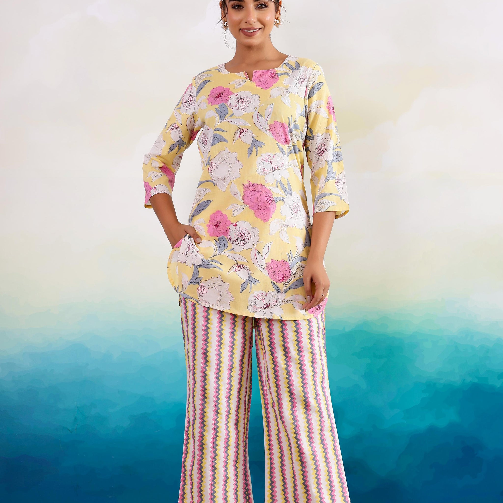 Yellow Pink Dual Cotton Printed Co-ord Set | Co-Ord Set | Shop stylish women's clothing online at Label Flavia |