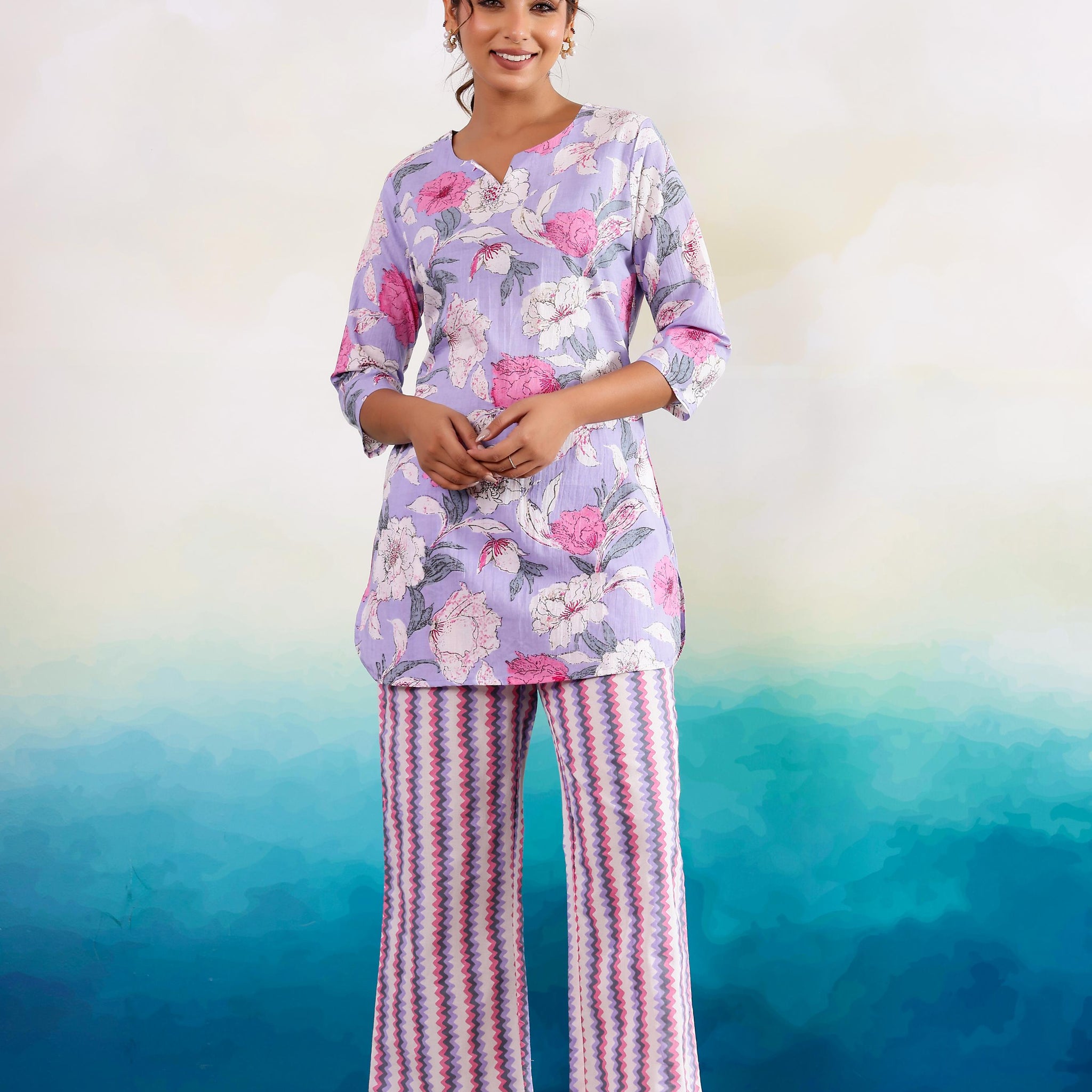 Purple Pink Dual Cotton Printed Co-ord Set | Co-Ord Set | Shop stylish women's clothing online at Label Flavia |