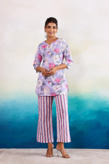 Purple Pink Dual Cotton Printed Co-ord Set | Co-Ord Set | Shop stylish women's clothing online at Label Flavia |