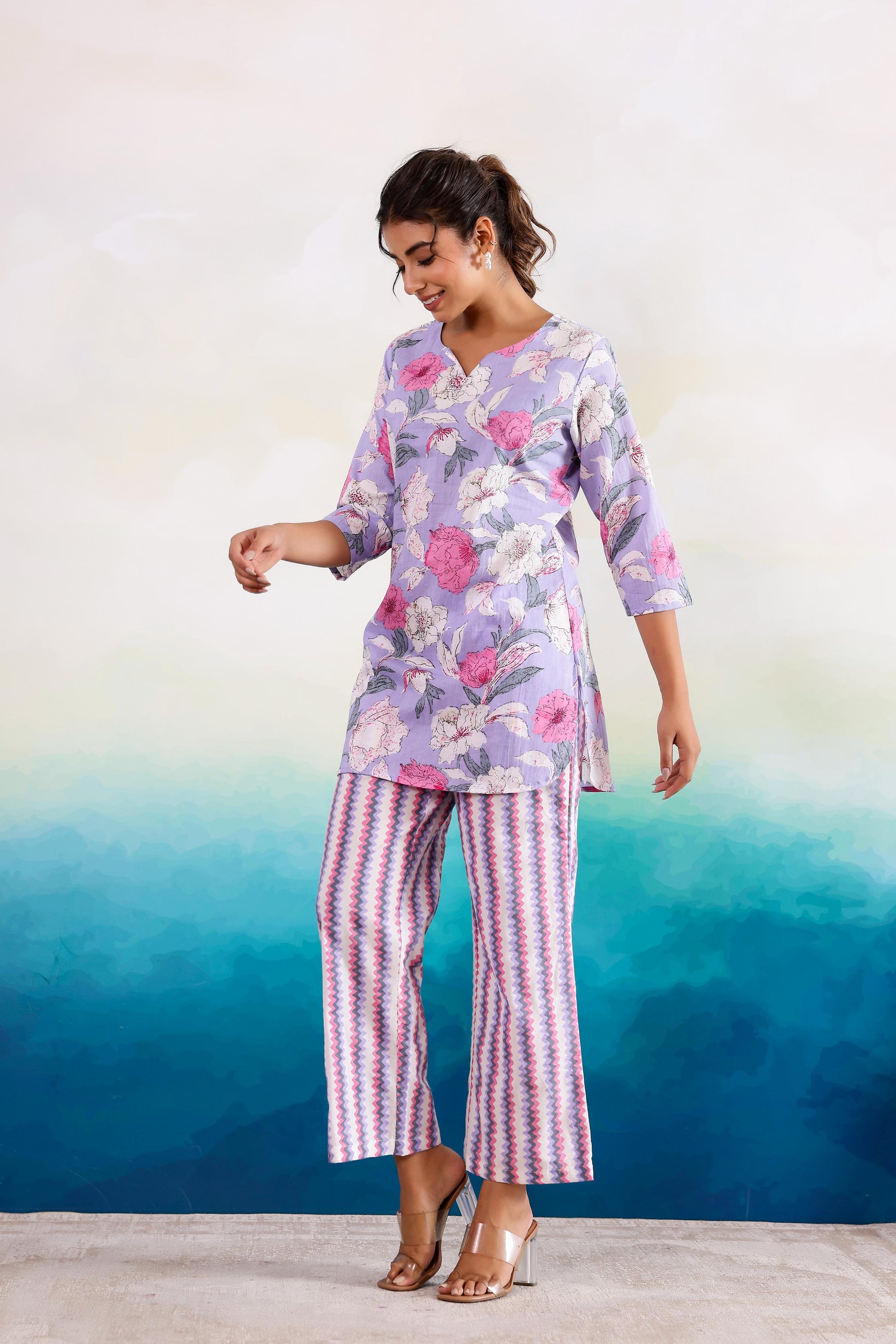 Purple Pink Dual Cotton Printed Co-ord Set | Co-Ord Set | Shop stylish women's clothing online at Label Flavia |