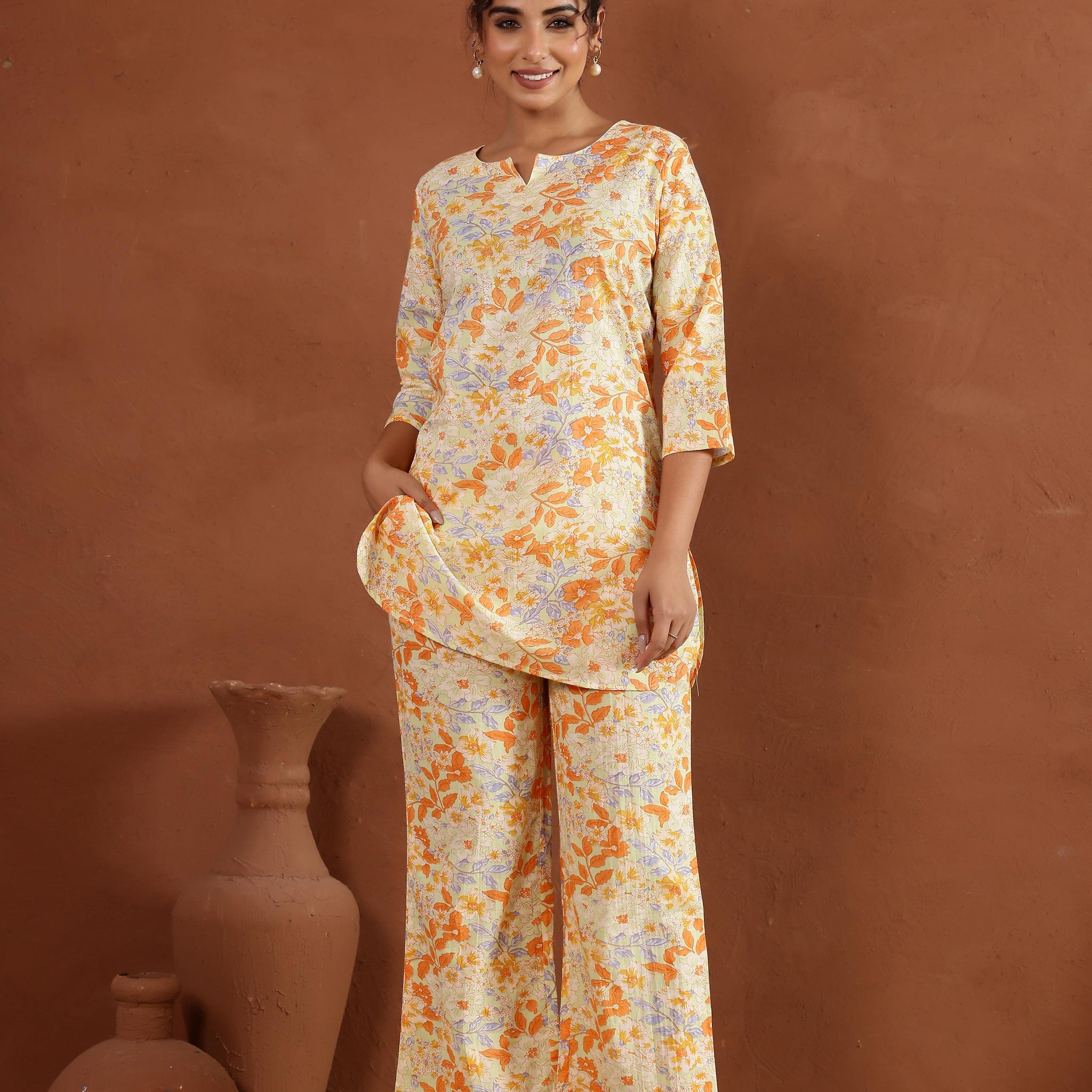 Yellow Floral Jaal Cotton Printed Co-ord Set | Co-Ord Set | Shop stylish women's clothing online at Label Flavia |