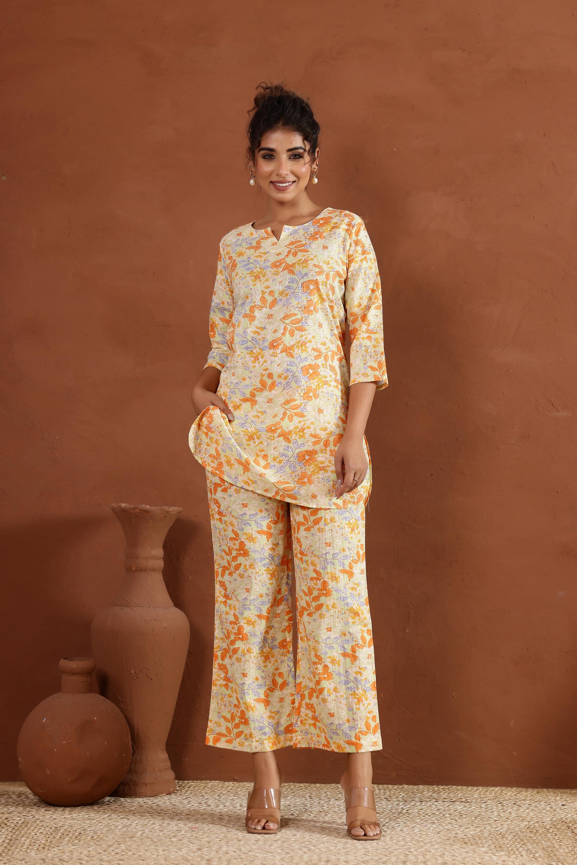 Yellow Floral Jaal Cotton Printed Co-ord Set | Co-Ord Set | Shop stylish women's clothing online at Label Flavia |