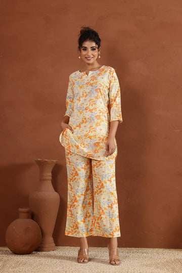 Yellow Floral Jaal Cotton Printed Co-ord Set | Co-Ord Set | Shop stylish women's clothing online at Label Flavia |