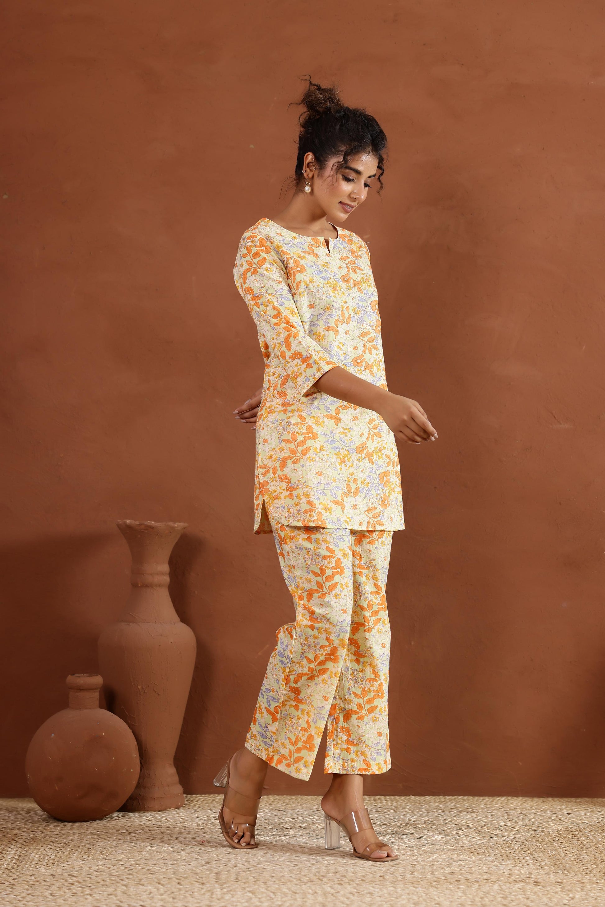 Yellow Floral Jaal Cotton Printed Co-ord Set | Co-Ord Set | Shop stylish women's clothing online at Label Flavia |