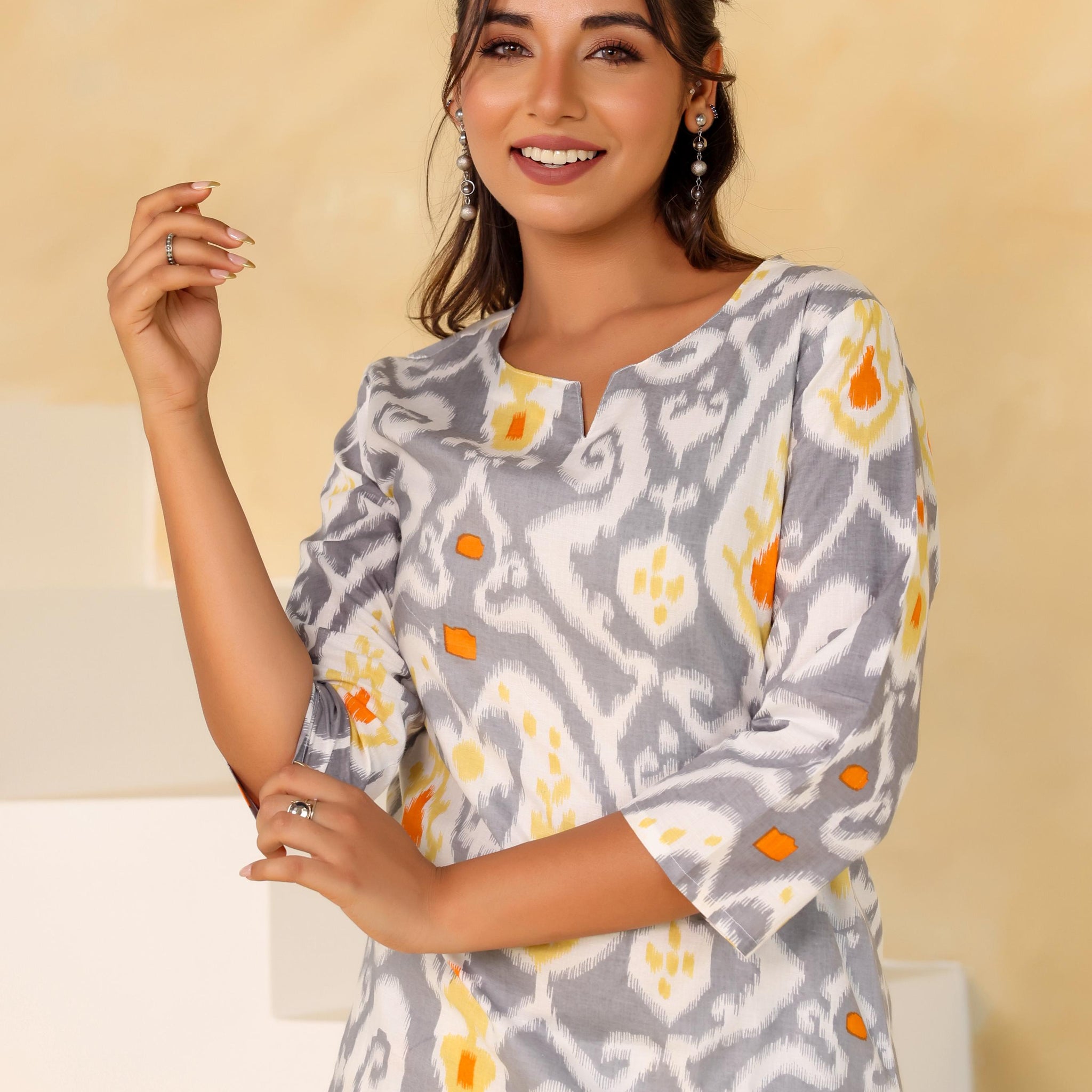 Gray and Yellow Ikat Co-ord Set - Cotton Casual Wear | Co-Ord Set | Shop stylish women's clothing online at Label Flavia |