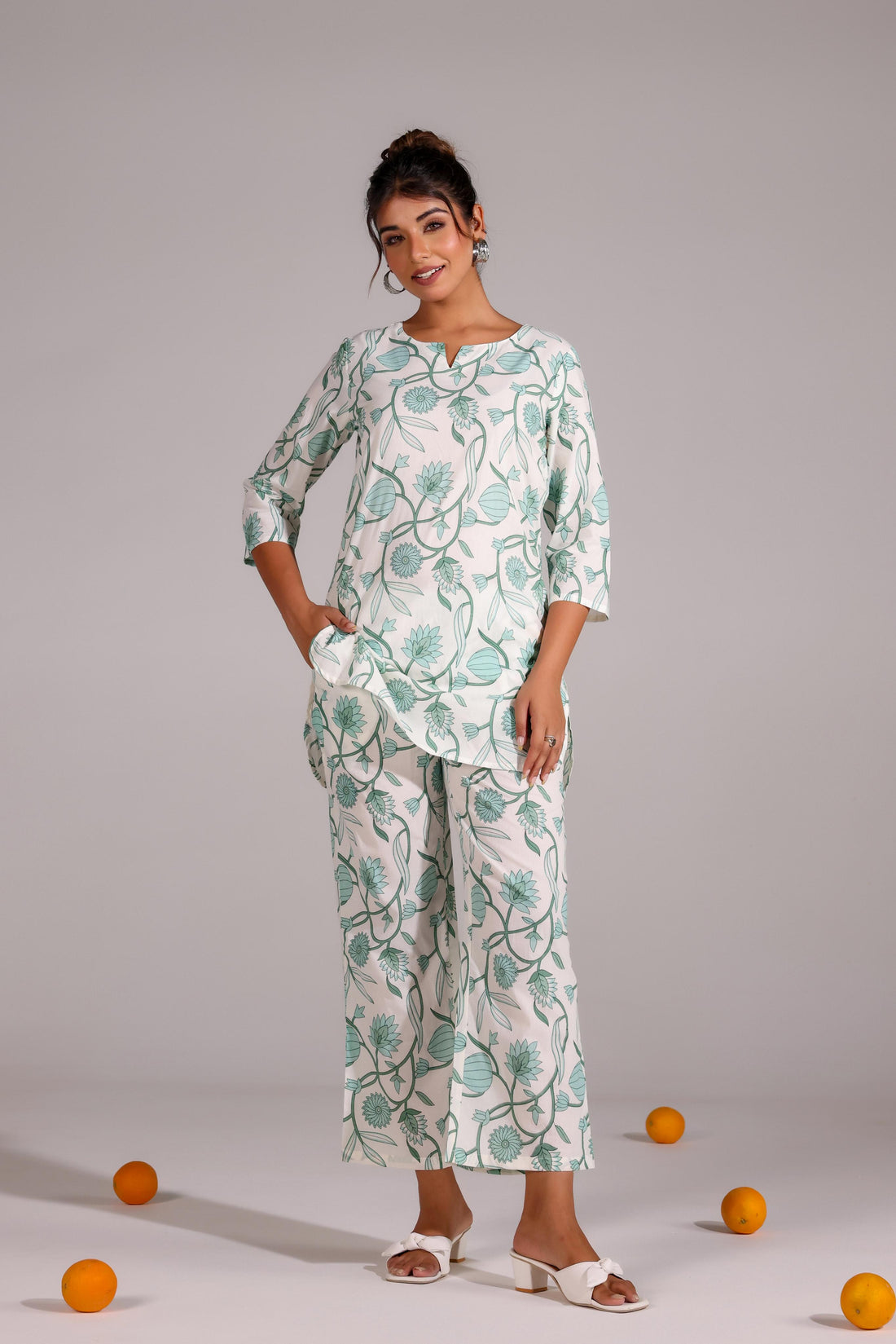 Green Floral Print Co-ord Set - Refreshing Cotton Style | Co-Ord Set | Shop stylish women's clothing online at Label Flavia |