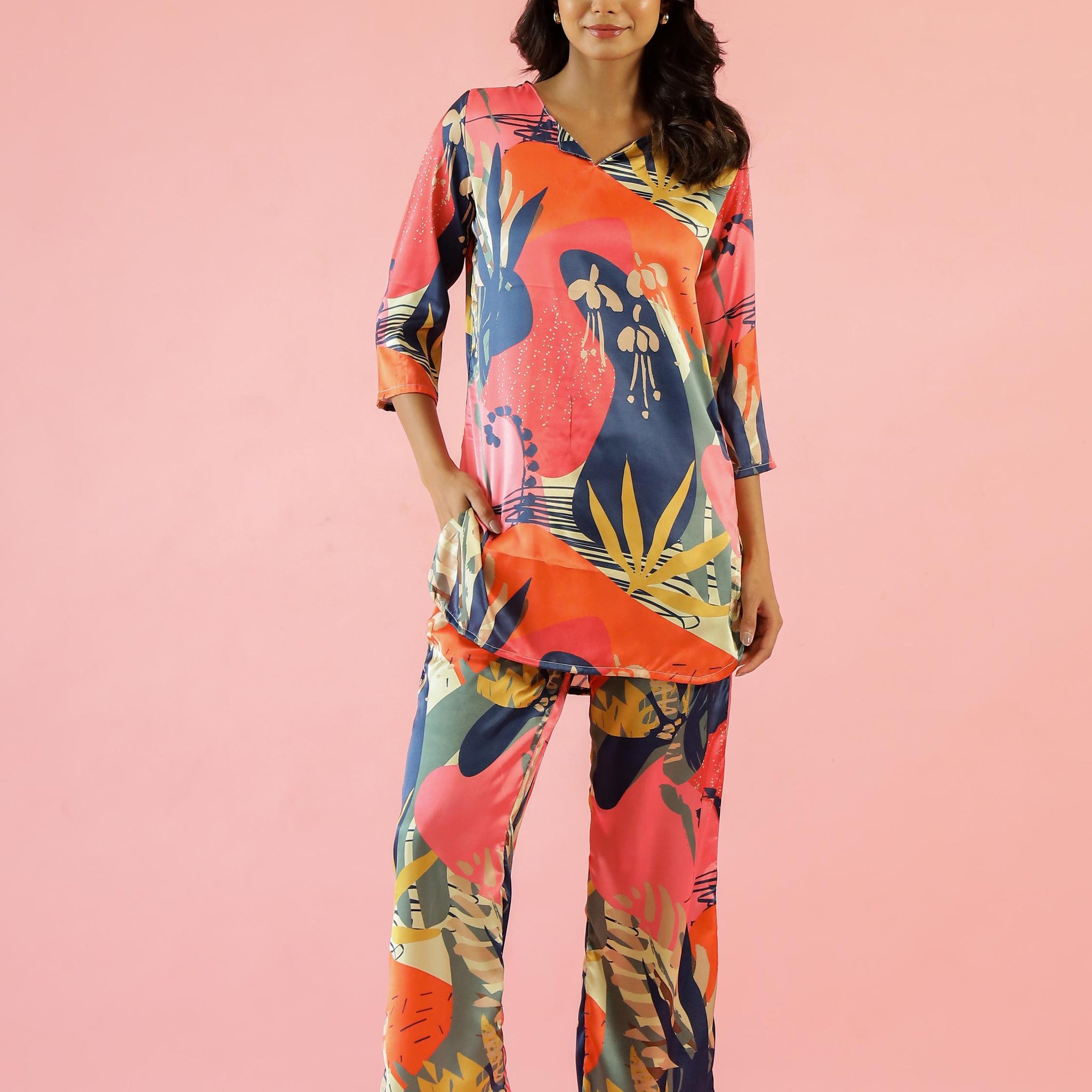 Tropical Pastel Print Satin Pajama Set - Fresh & Stylish Nightwear | Co-Ord Set | Shop stylish women's clothing online at Label Flavia |