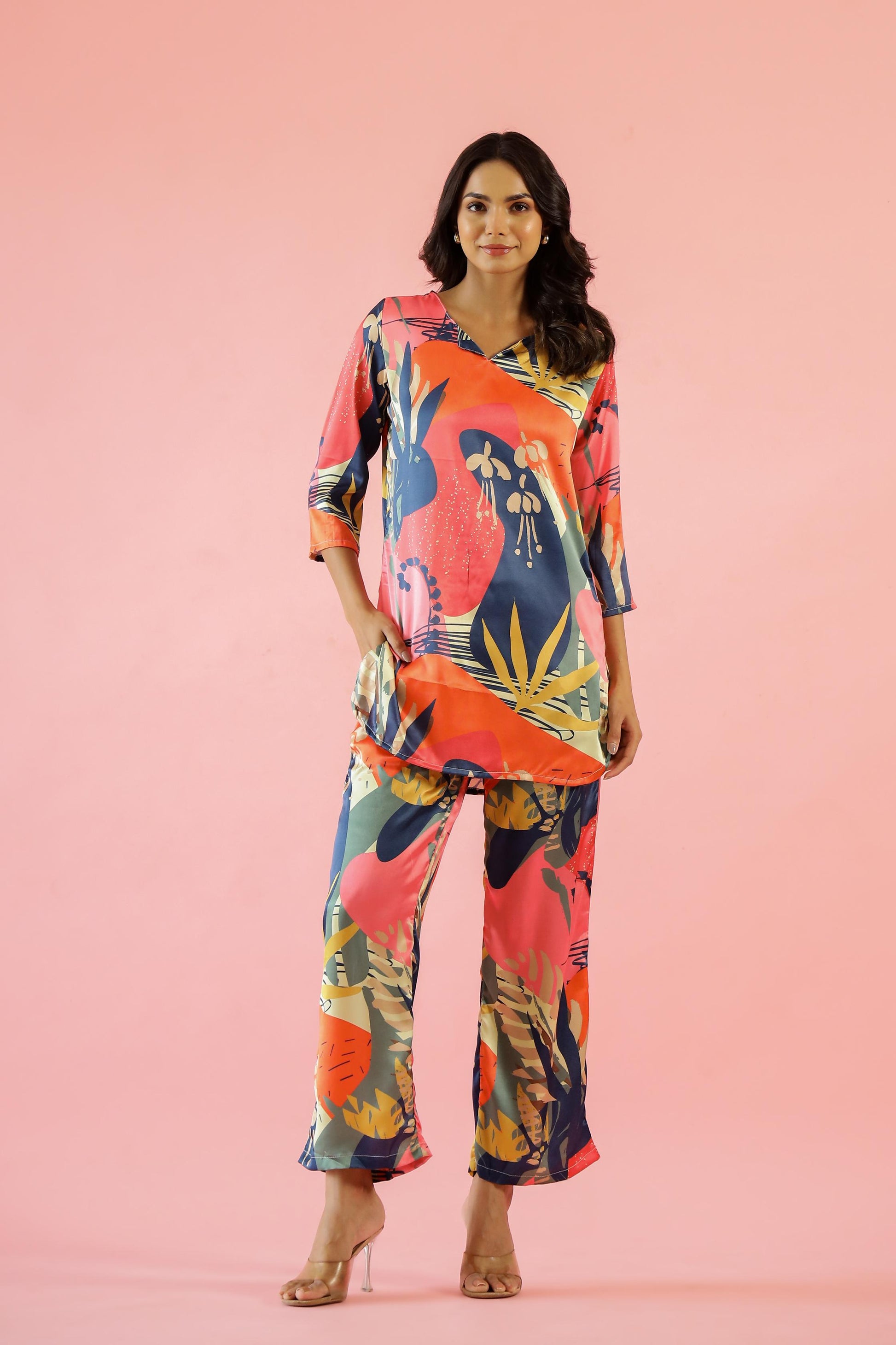 Tropical Pastel Print Satin Pajama Set - Fresh & Stylish Nightwear | Co-Ord Set | Shop stylish women's clothing online at Label Flavia |