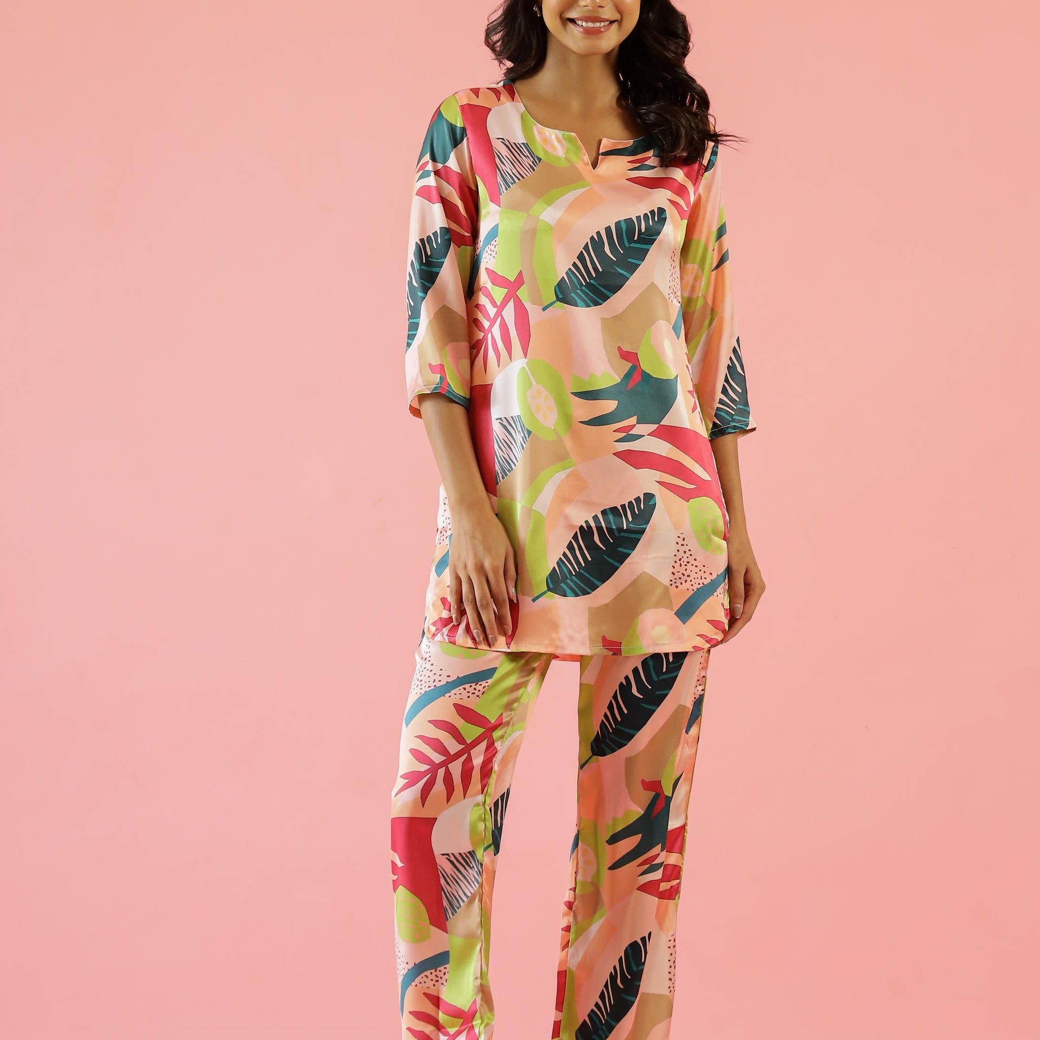 Bold Floral Print Satin Pajama Set - Vibrant & Artistic Nightwear | Co-Ord Set | Shop stylish women's clothing online at Label Flavia |