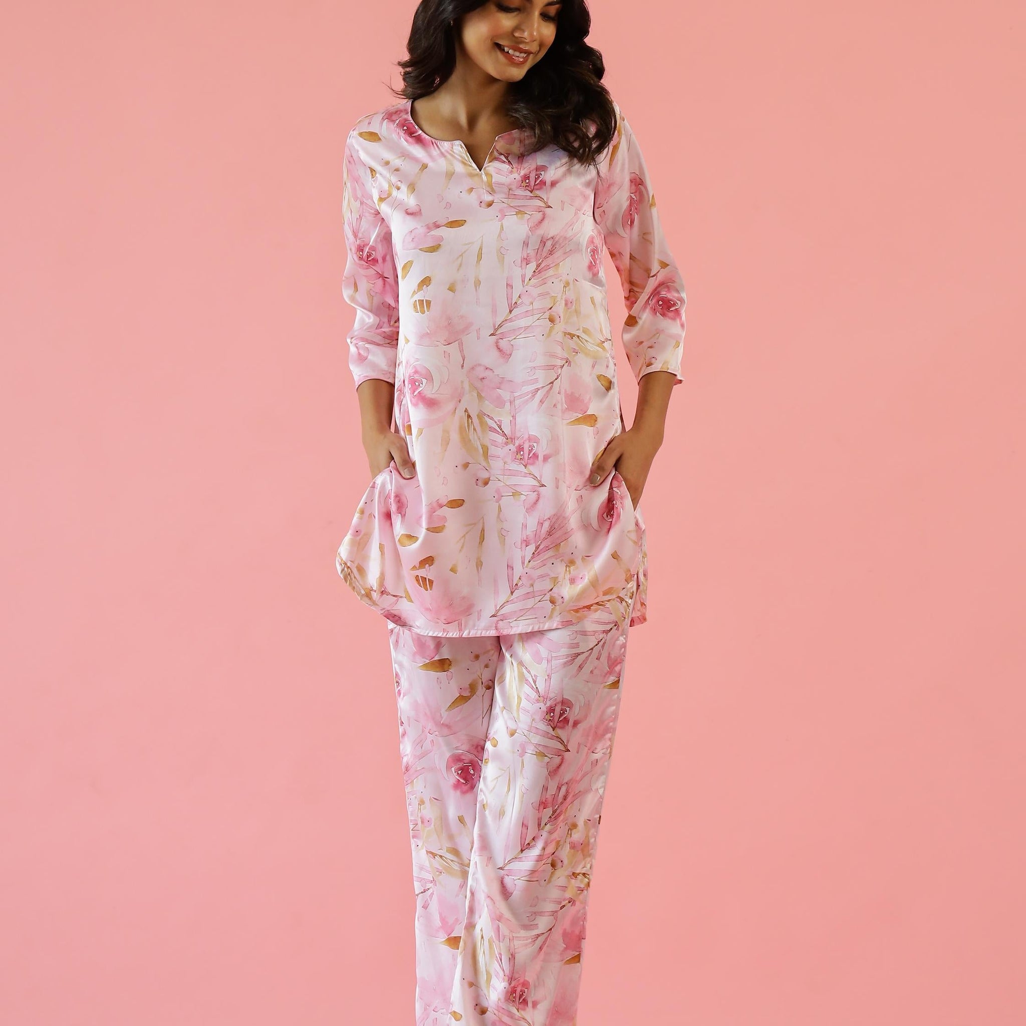 Charming Pink Satin Floral Pajama Set - Soft & Feminine Nightwear | Co-Ord Set | Shop stylish women's clothing online at Label Flavia |