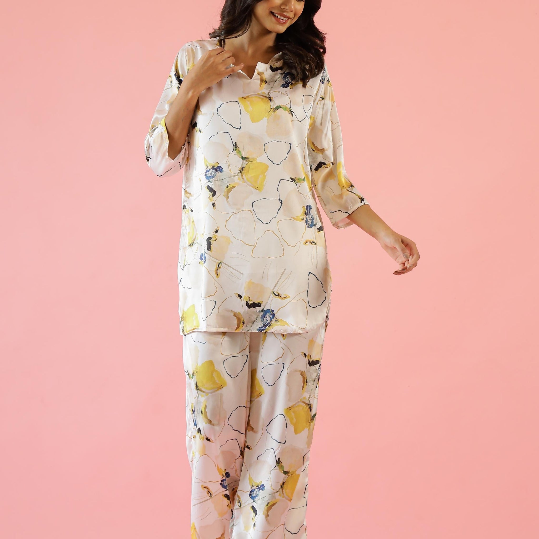 Elegant Yellow Floral Print Satin Pajama Set - Stylish Nightwear for Women | Co-Ord Set | Shop stylish women's clothing online at Label Flavia |