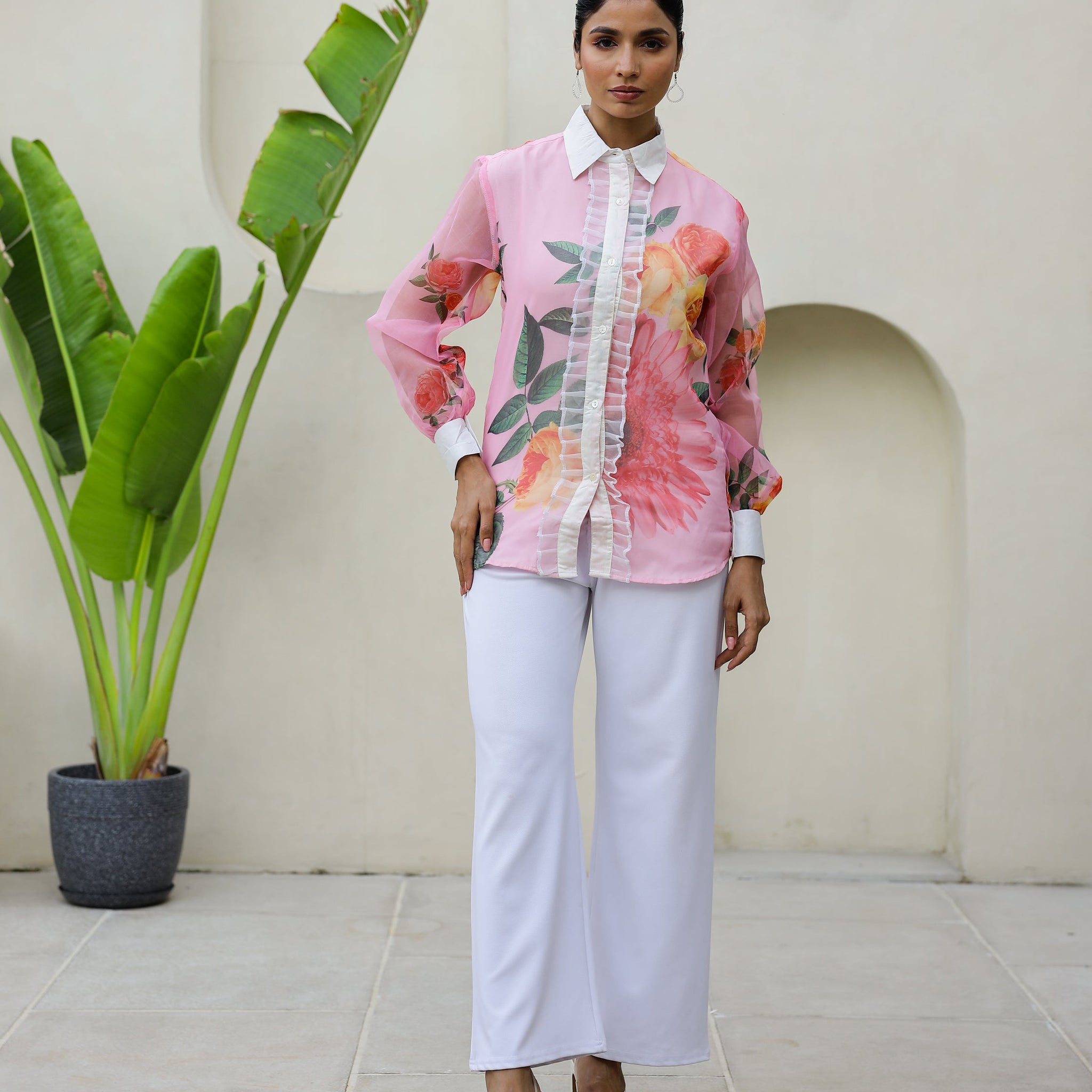 Women's Pink Floral Sheer Top Shirt - Elegant & Feminine | Women's Shirt | Shop stylish women's clothing online at Label Flavia |