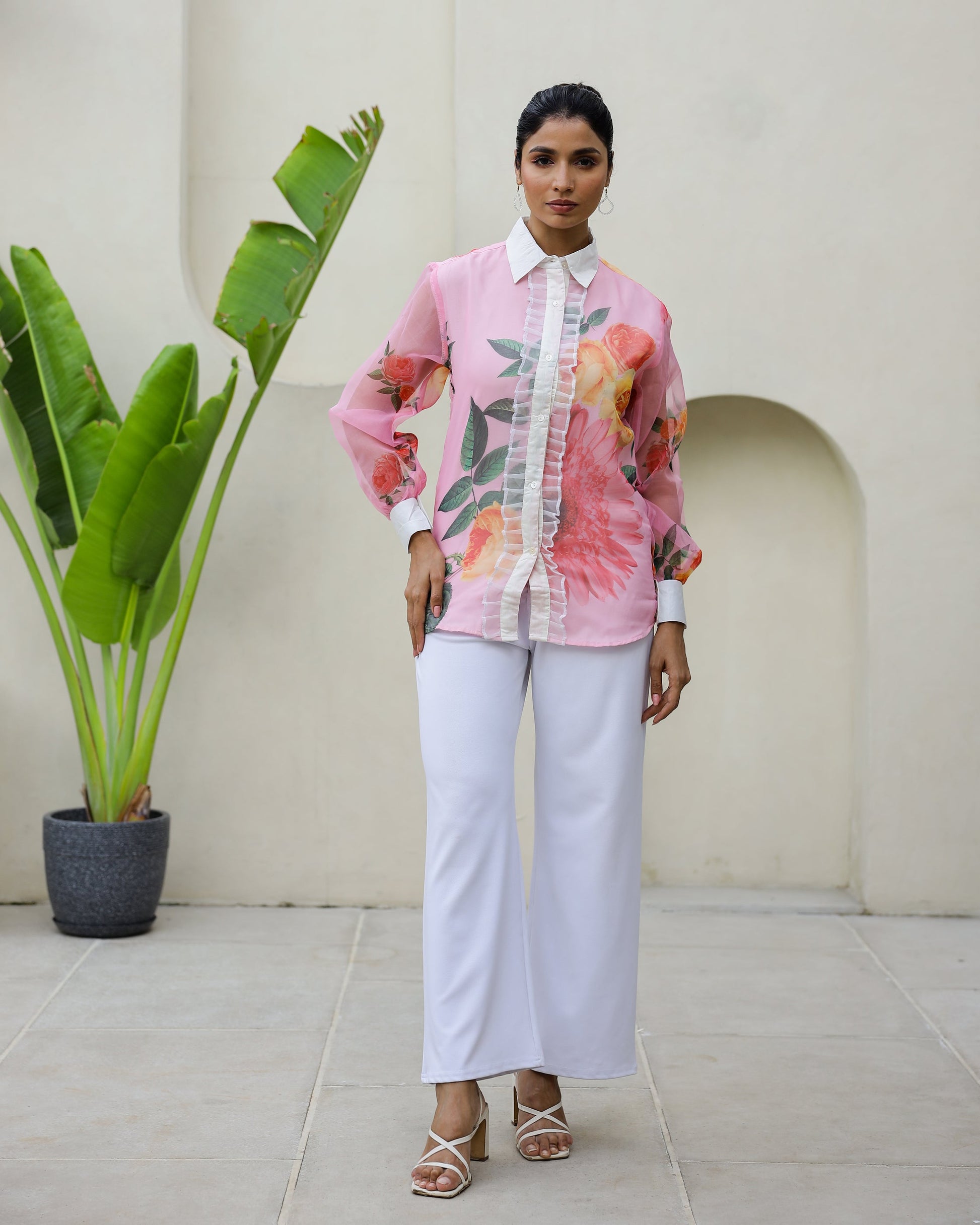 Women's Pink Floral Sheer Top Shirt - Elegant & Feminine | Women's Shirt | Shop stylish women's clothing online at Label Flavia |