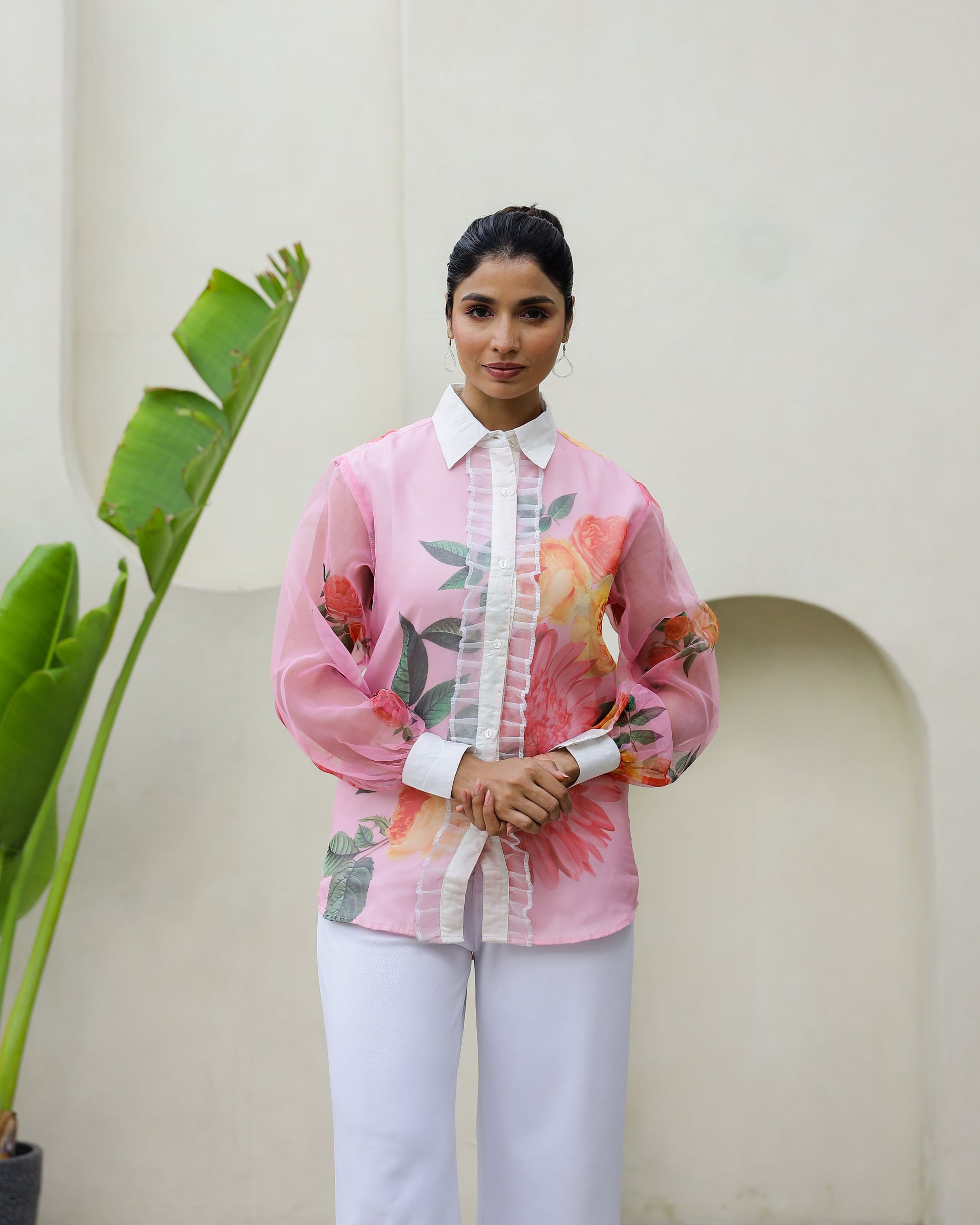 Women's Pink Floral Sheer Top Shirt - Elegant & Feminine | Women's Shirt | Shop stylish women's clothing online at Label Flavia |