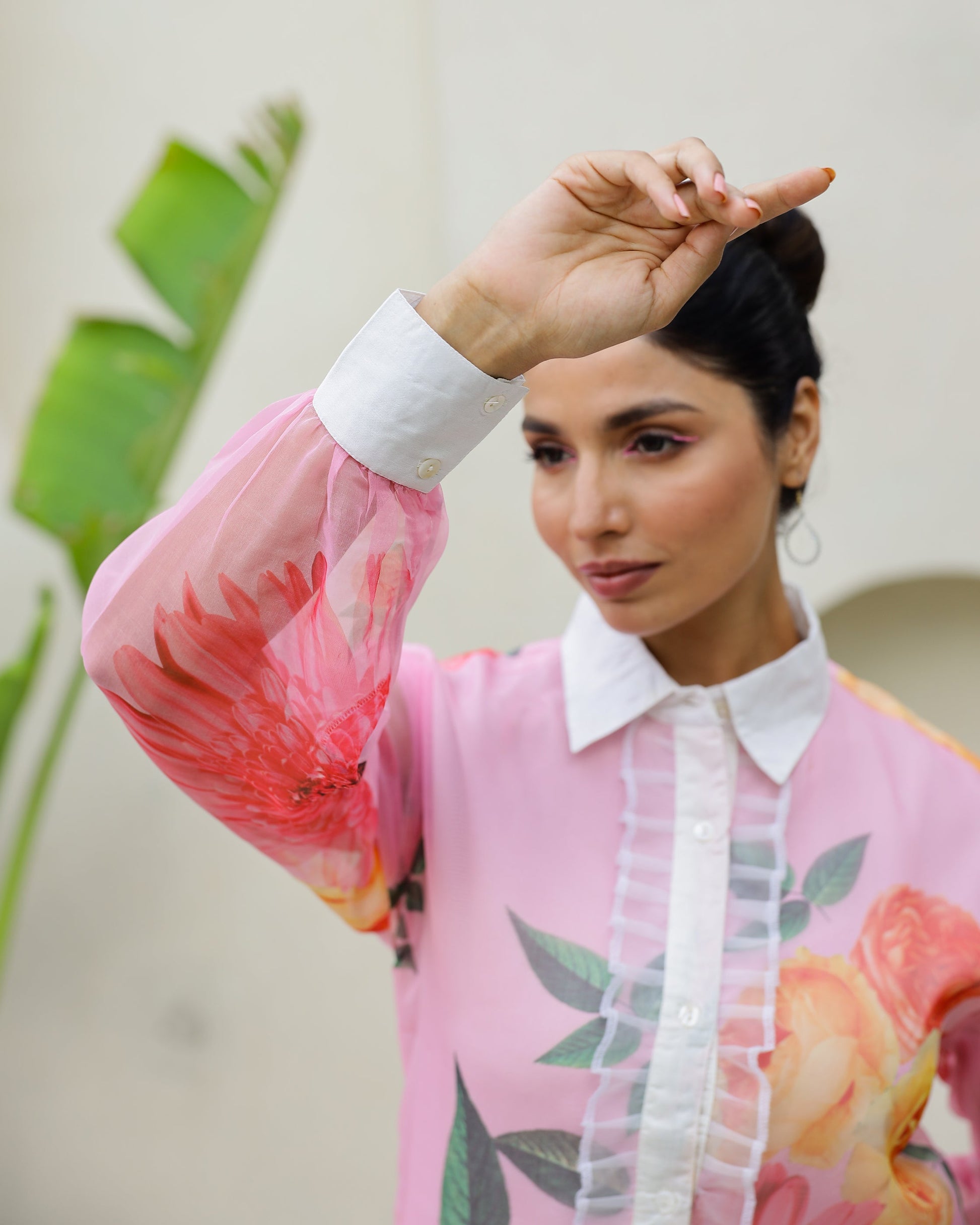 Women's Pink Floral Sheer Top Shirt - Elegant & Feminine | Women's Shirt | Shop stylish women's clothing online at Label Flavia |