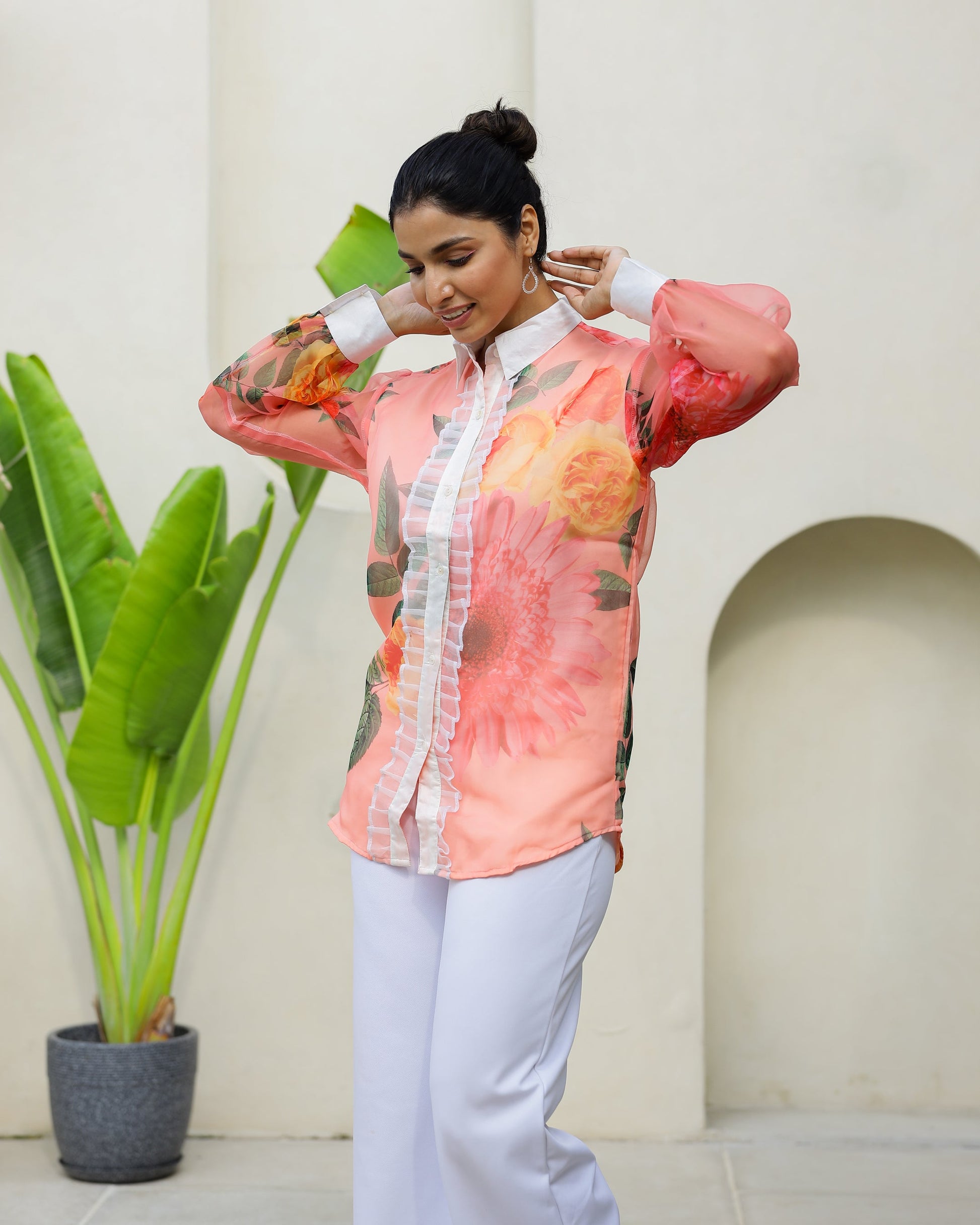 Women's Peach Floral Sheer Top Shirt - Fresh & Stylish | Women's Shirt | Shop stylish women's clothing online at Label Flavia |