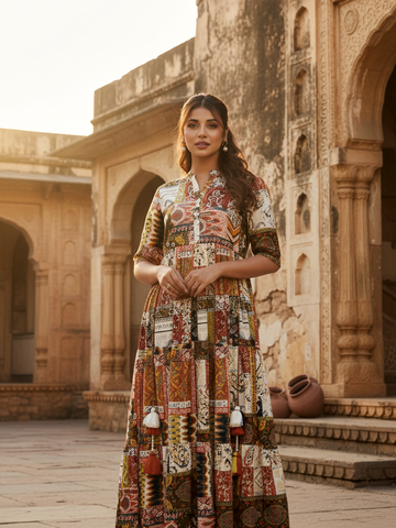 Boho Patchwork Print Tiered Cotton Maxi Dress
