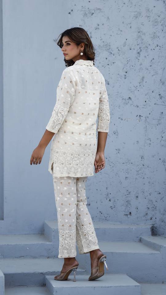 Elegant Cotton Dobby Schiffli Co-ord Set for Indian Women – Casual Luxe Style | Co-Ord Set | Shop stylish women's clothing online at Label Flavia |