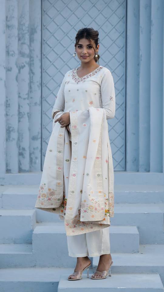 Cotton Jacquard Kurta Pant Dupatta Set for Women – Intricate Ada Work | Co-Ord Set | Shop stylish women's clothing online at Label Flavia |