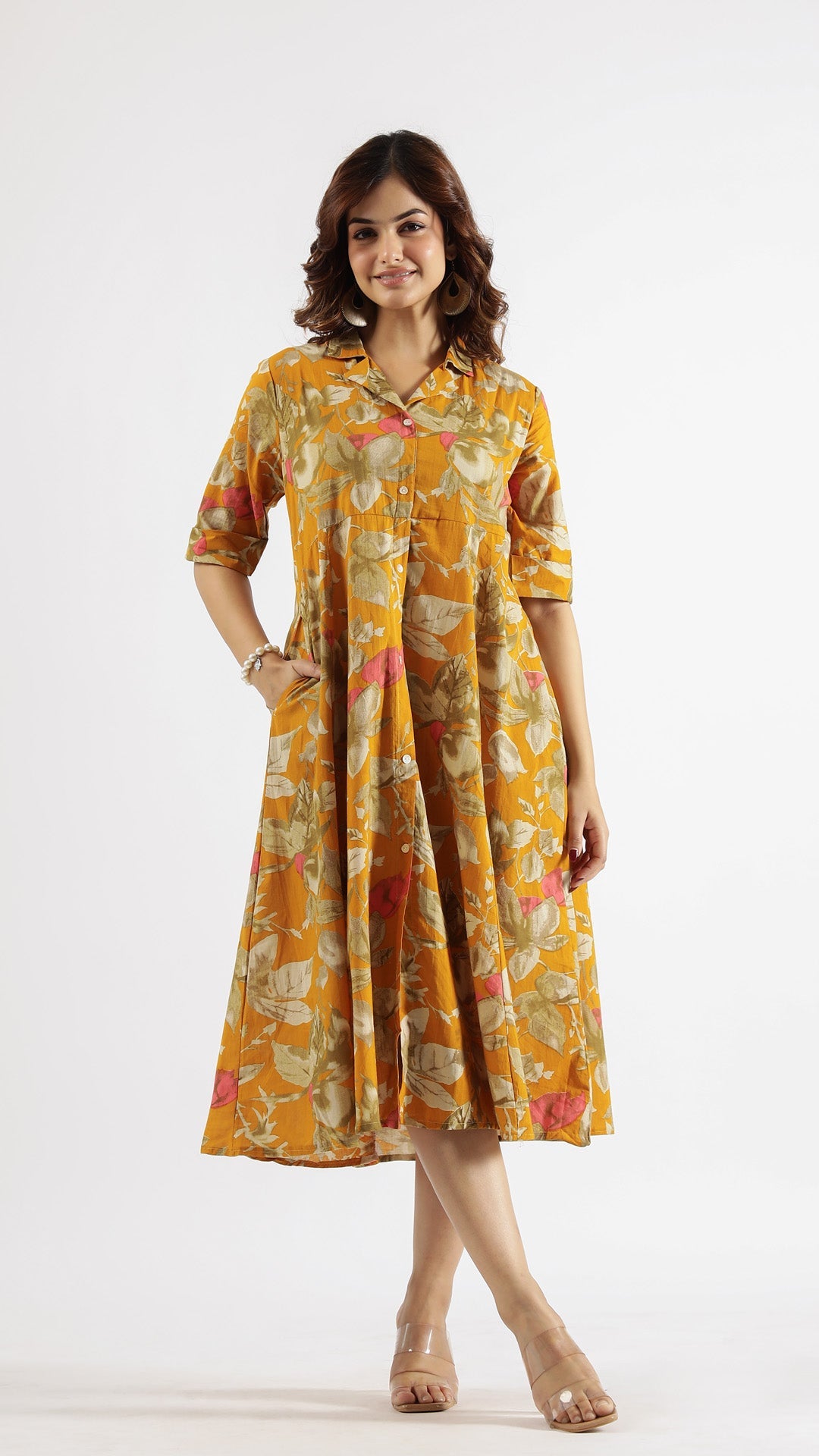 Mustard Abstract Cotton Dress | | Shop stylish women's clothing online at Label Flavia |
