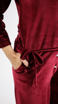 Maroon Velvet Jumpsuit with Belt and Collared Neck | Jumpsuit | Shop stylish women's clothing online at Label Flavia |