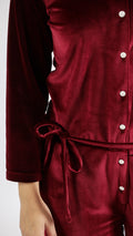 Maroon Velvet Jumpsuit with Belt and Collared Neck | Jumpsuit | Shop stylish women's clothing online at Label Flavia |