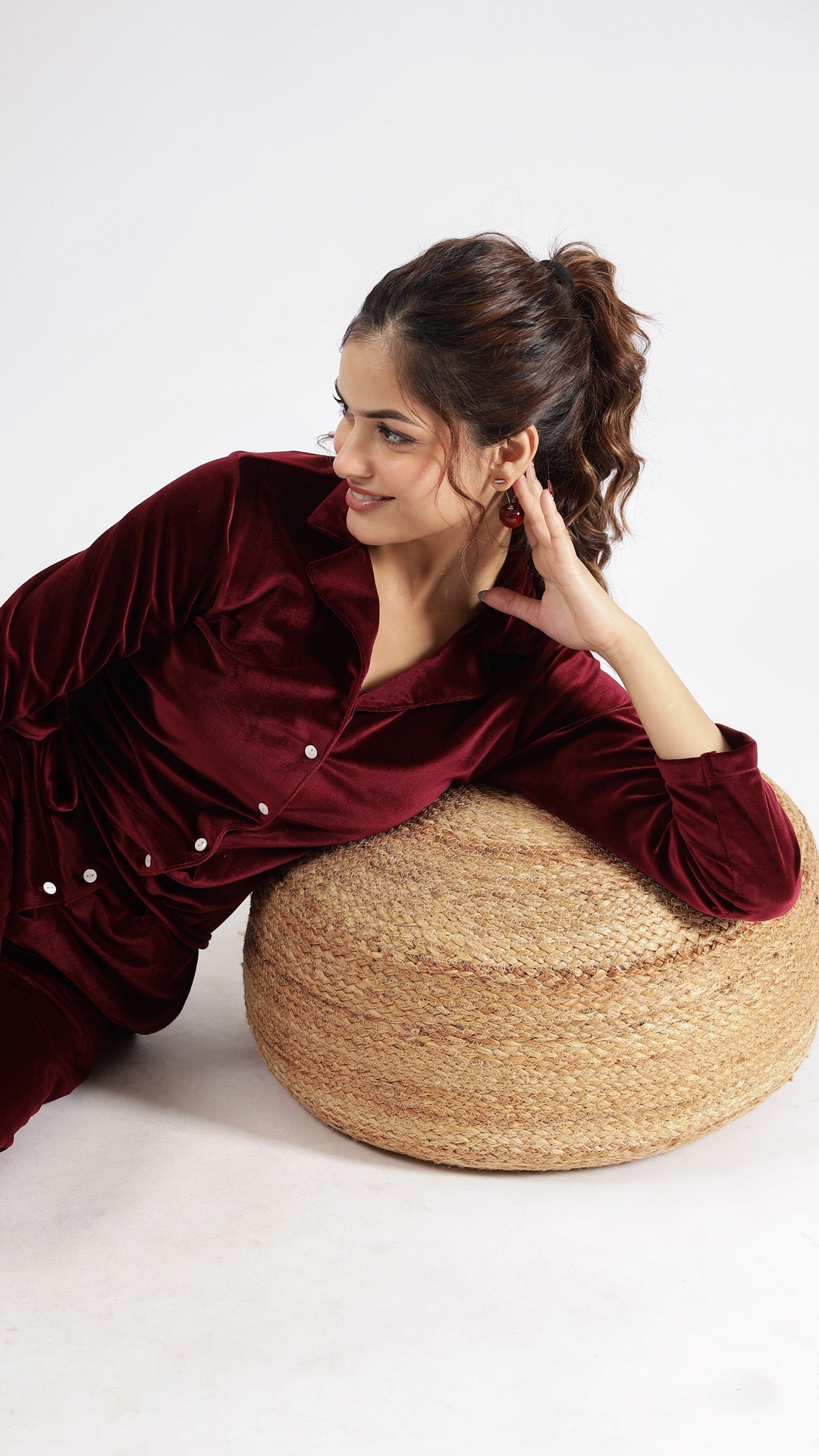 Maroon Velvet Jumpsuit with Belt and Collared Neck | Jumpsuit | Shop stylish women's clothing online at Label Flavia |