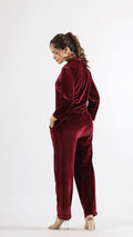 Maroon Velvet Jumpsuit with Belt and Collared Neck | Jumpsuit | Shop stylish women's clothing online at Label Flavia |